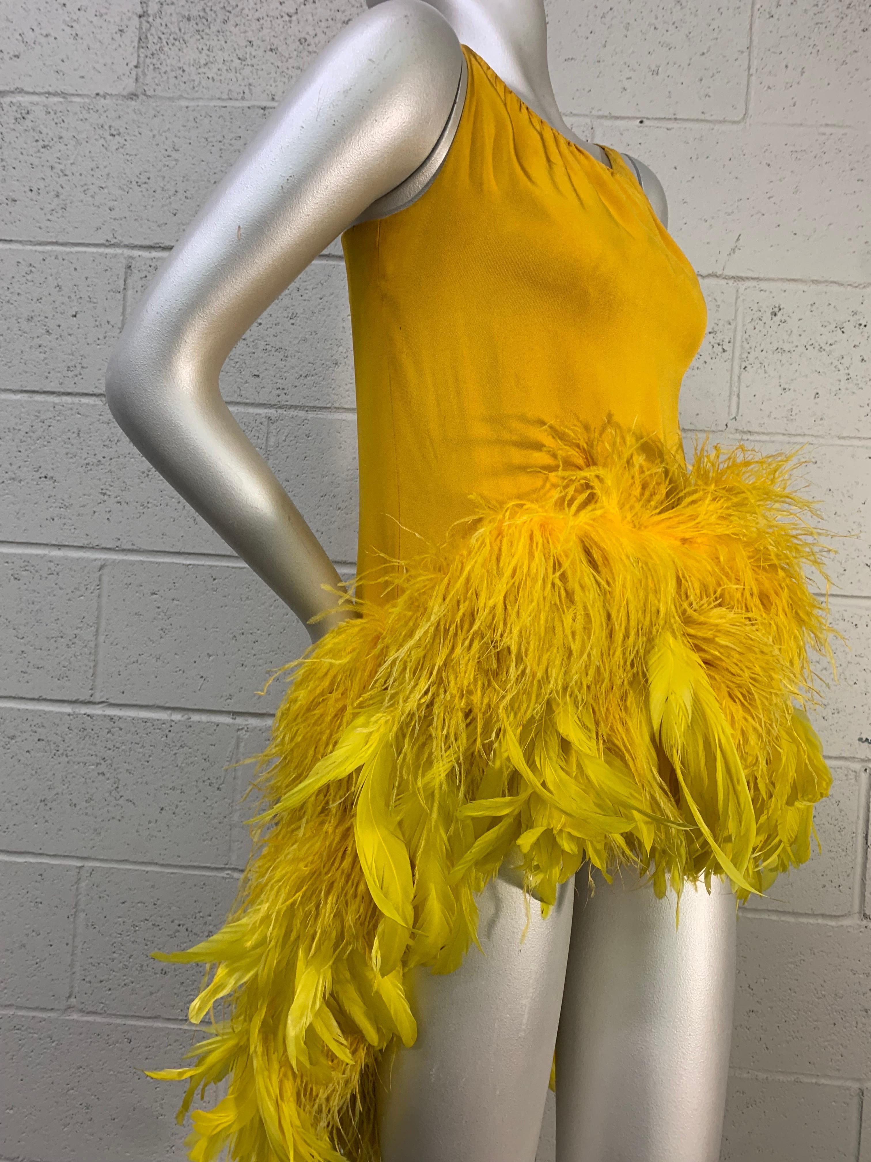 Women's Torso Creations Canary Silk Crepe Micro-Mini Dress w Extravagant Ostrich Trim For Sale