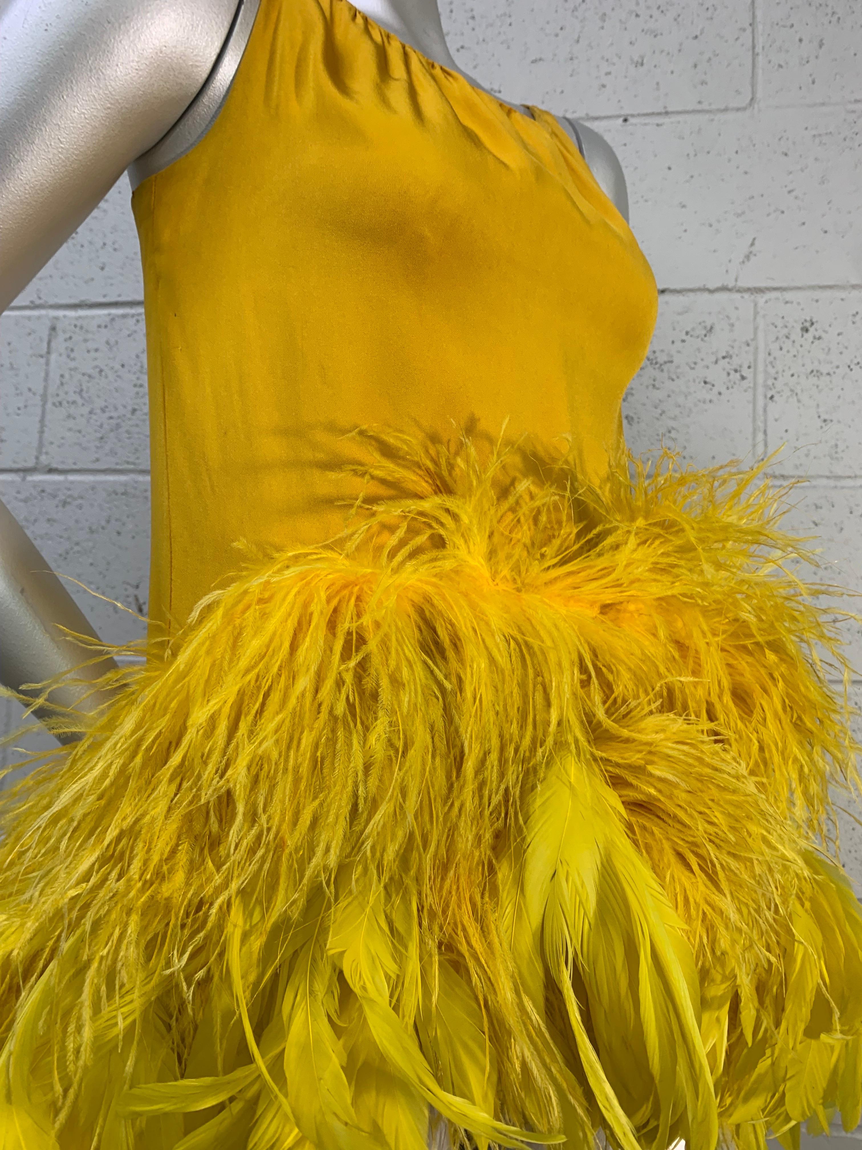 Torso Creations Canary Silk Crepe Micro-Mini Dress w Extravagant Ostrich Trim For Sale 1