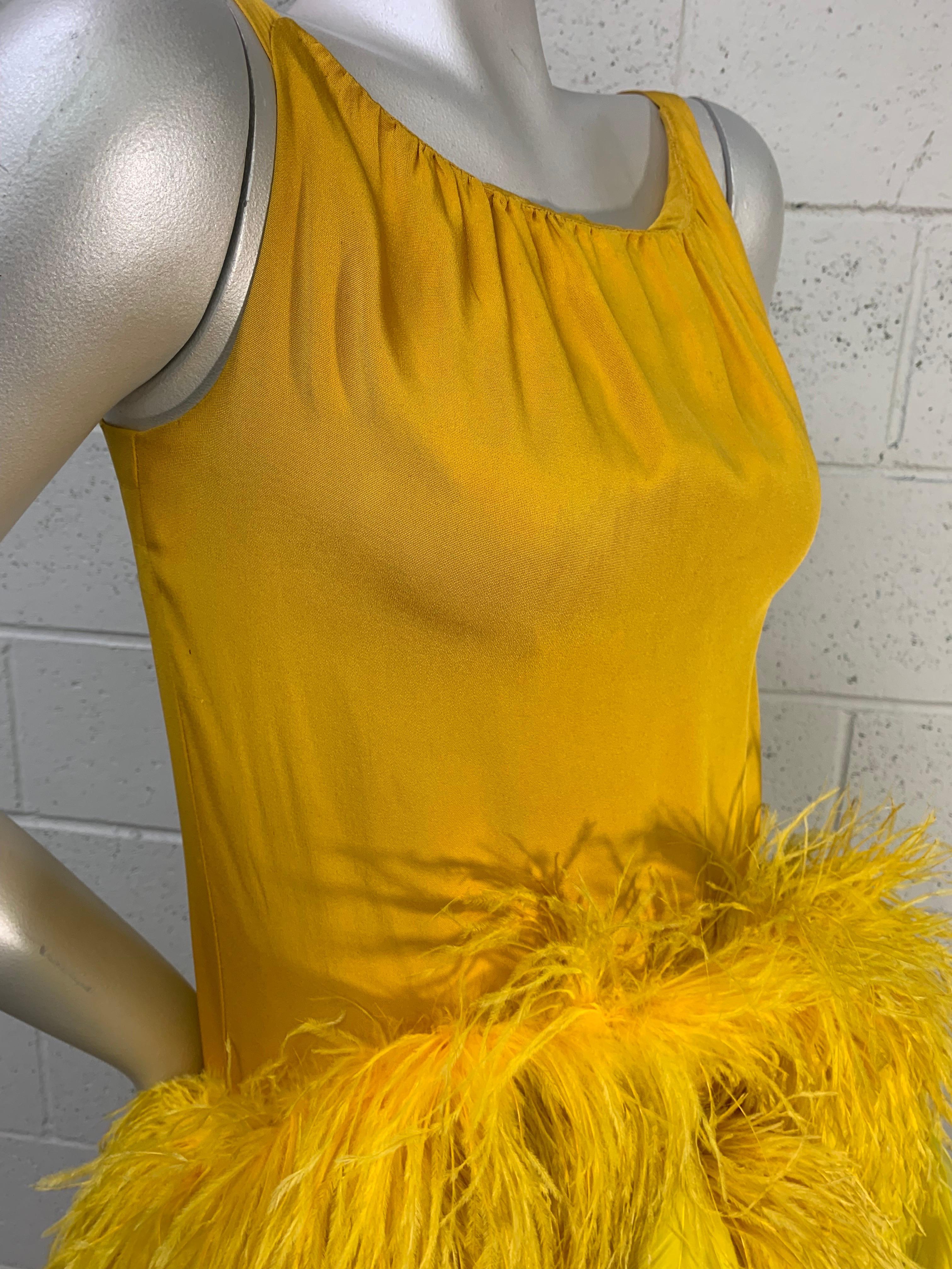 Torso Creations Canary Silk Crepe Micro-Mini Dress w Extravagant Ostrich Trim For Sale 2