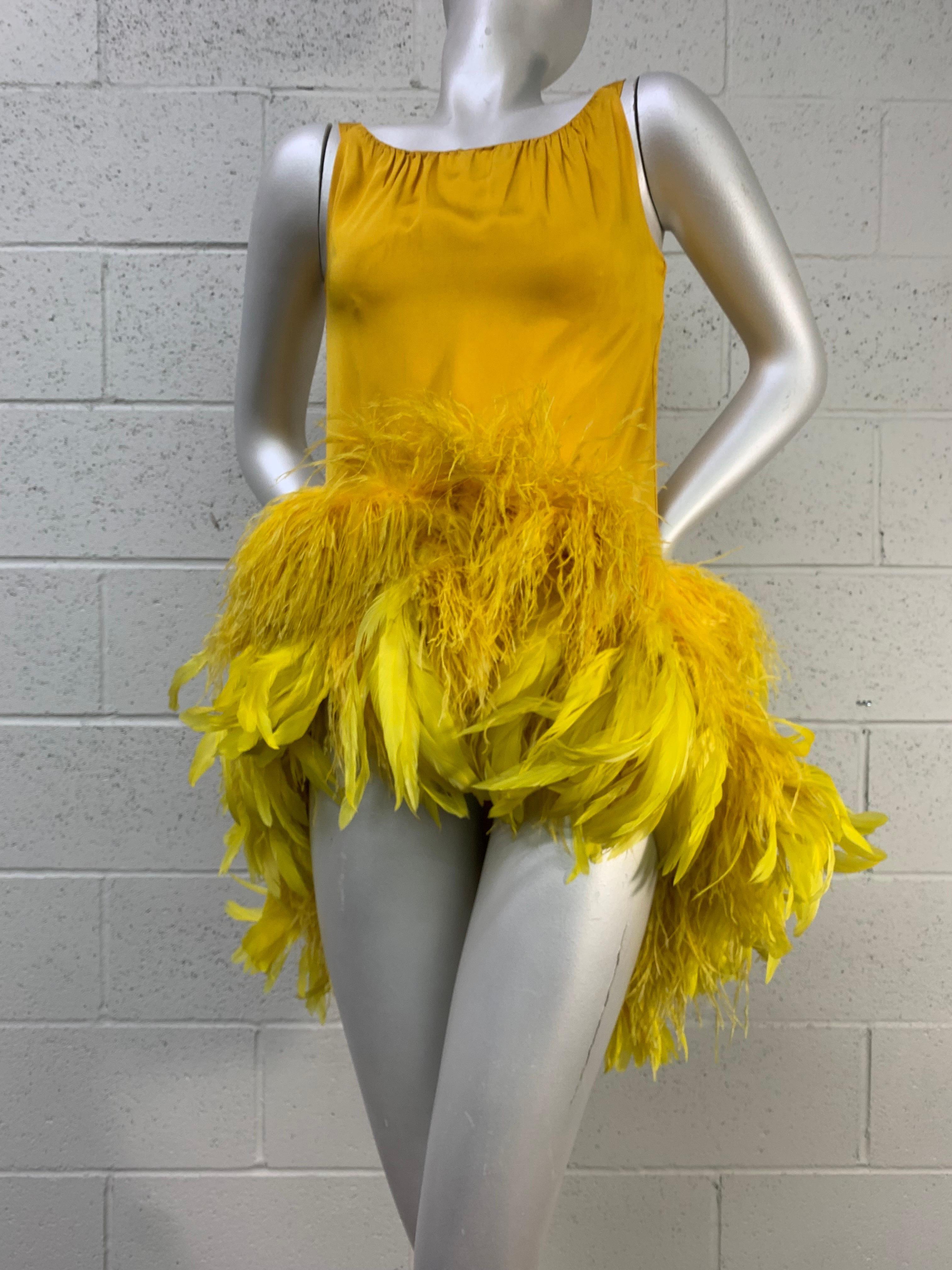 Torso Creations Canary Silk Crepe Micro-Mini Dress w Extravagant Ostrich Trim For Sale 3