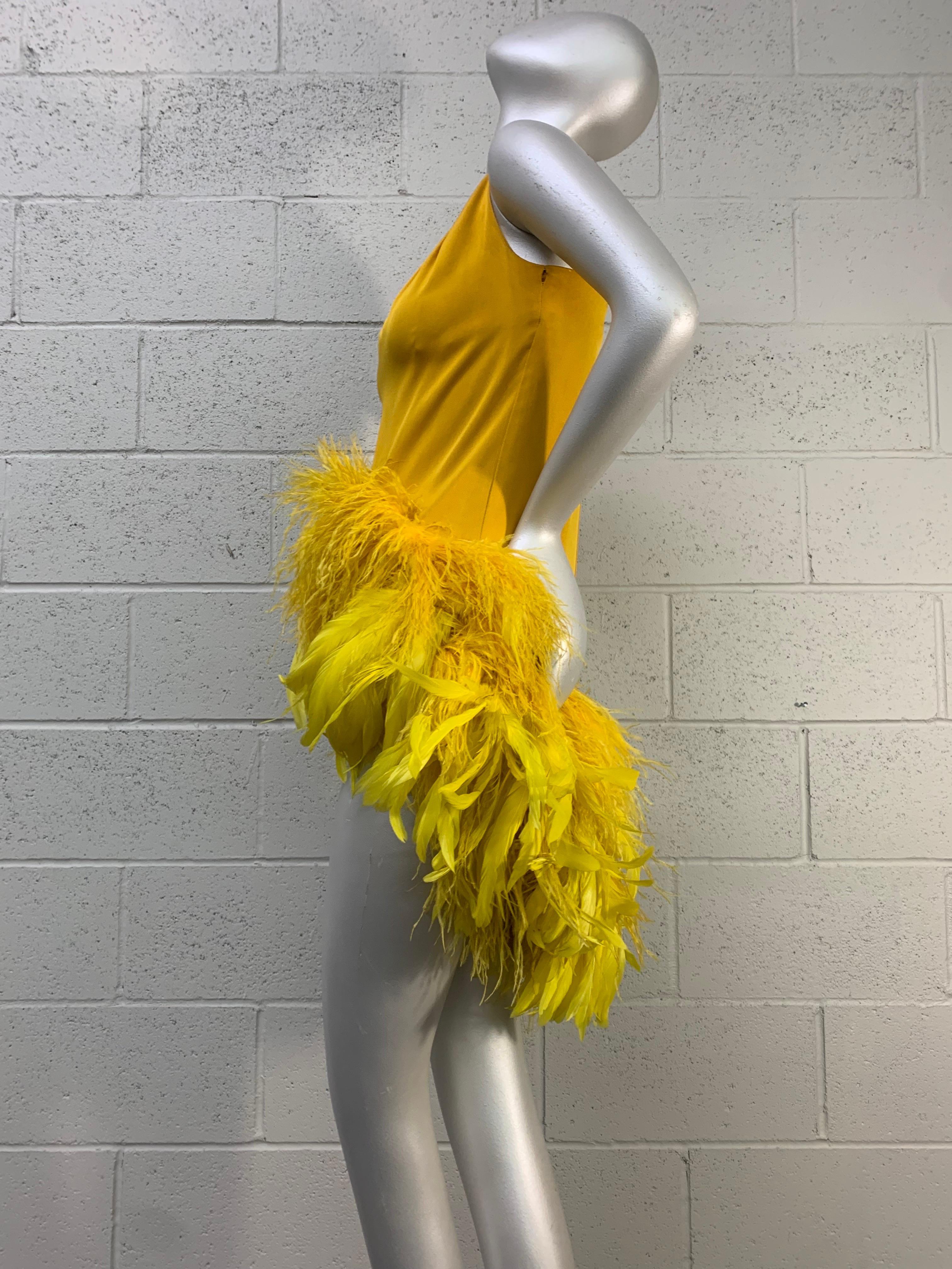 Torso Creations Canary Silk Crepe Micro-Mini Dress w Extravagant Ostrich Trim For Sale 4