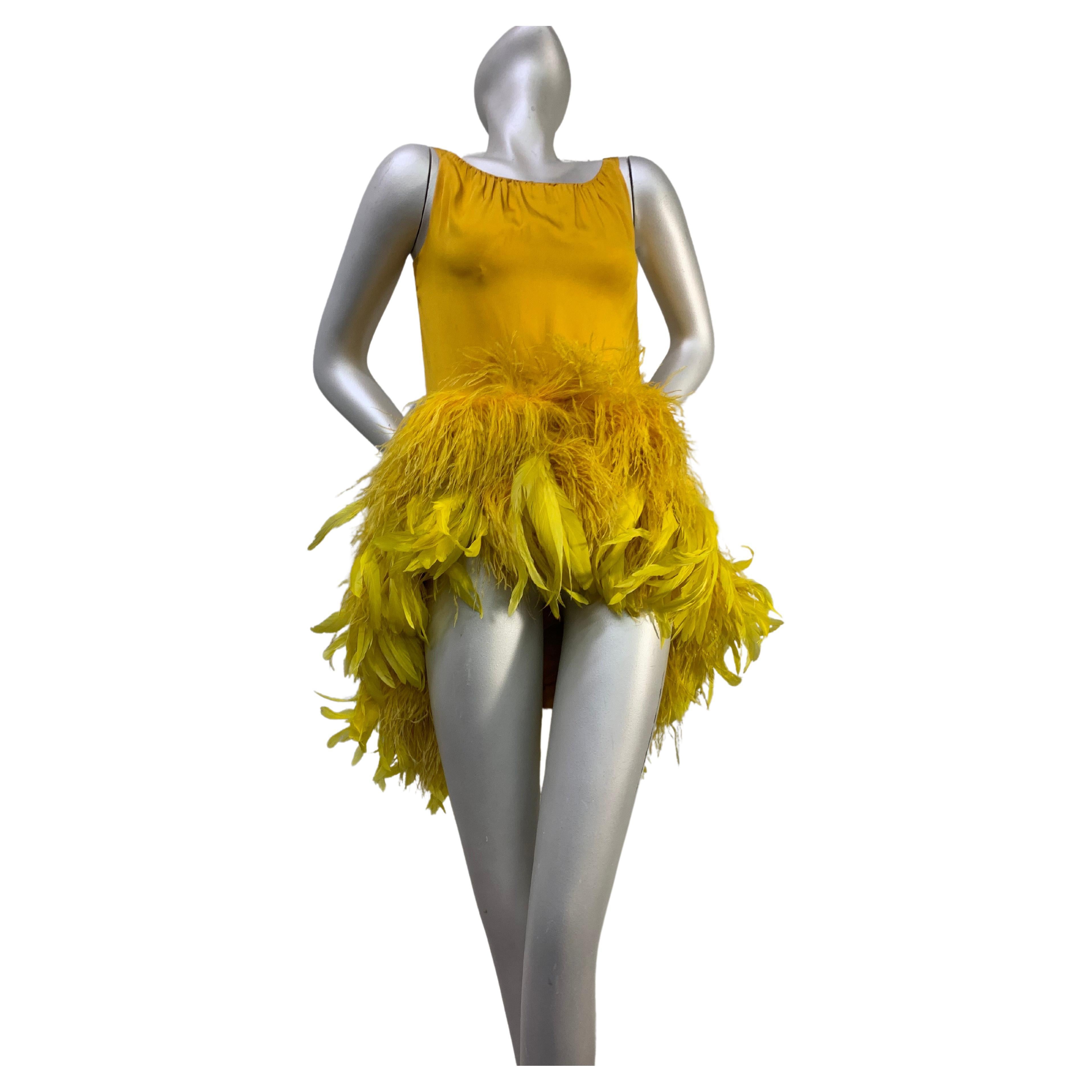 Torso Creations Canary Silk Crepe Micro-Mini Dress w Extravagant Ostrich Trim For Sale