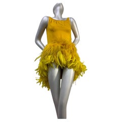 Retro Torso Creations Canary Silk Crepe Micro-Mini Dress w Extravagant Ostrich Trim