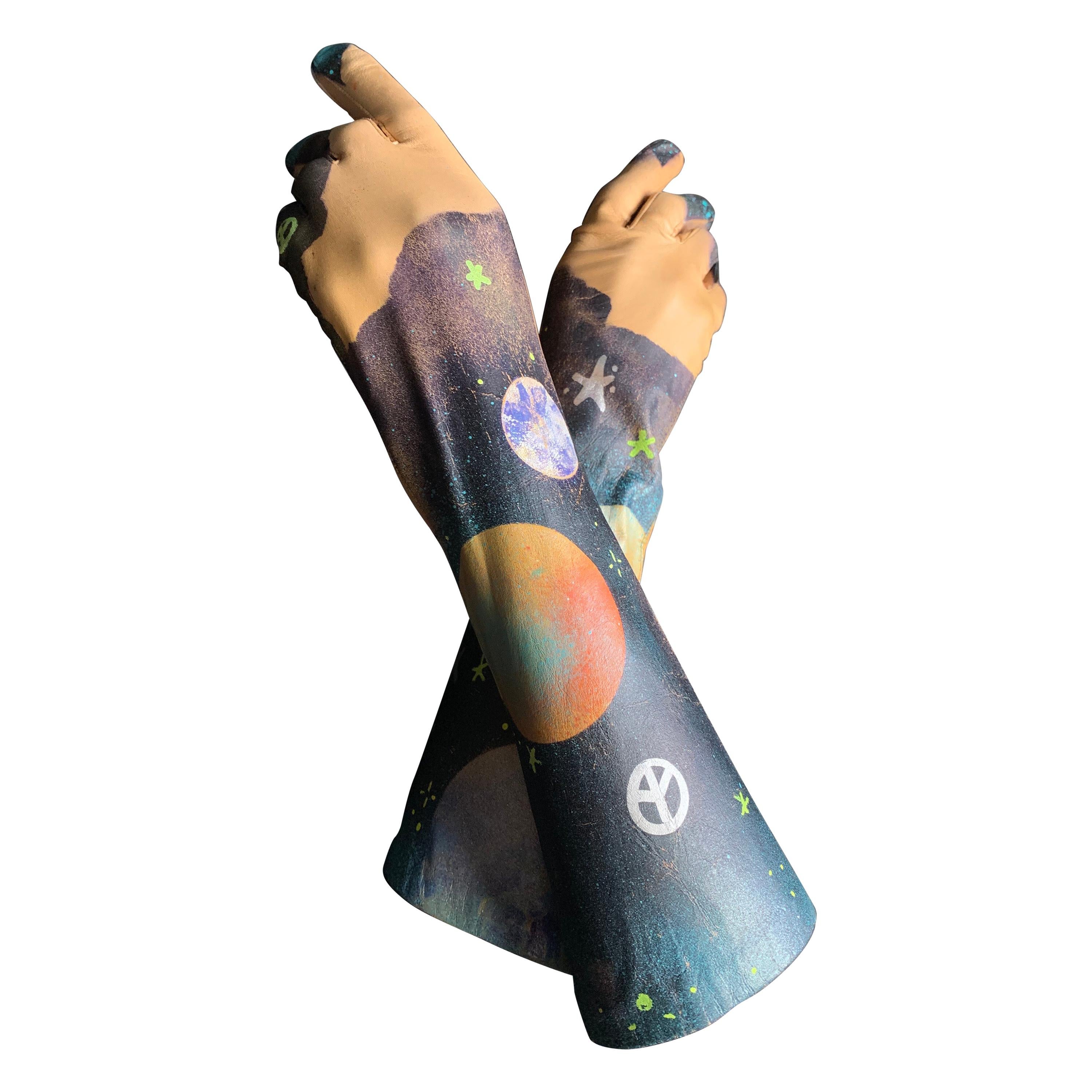 Torso Creations "Celestial Hippie" Airbrushed Vintage Caramel Leather Gloves For Sale