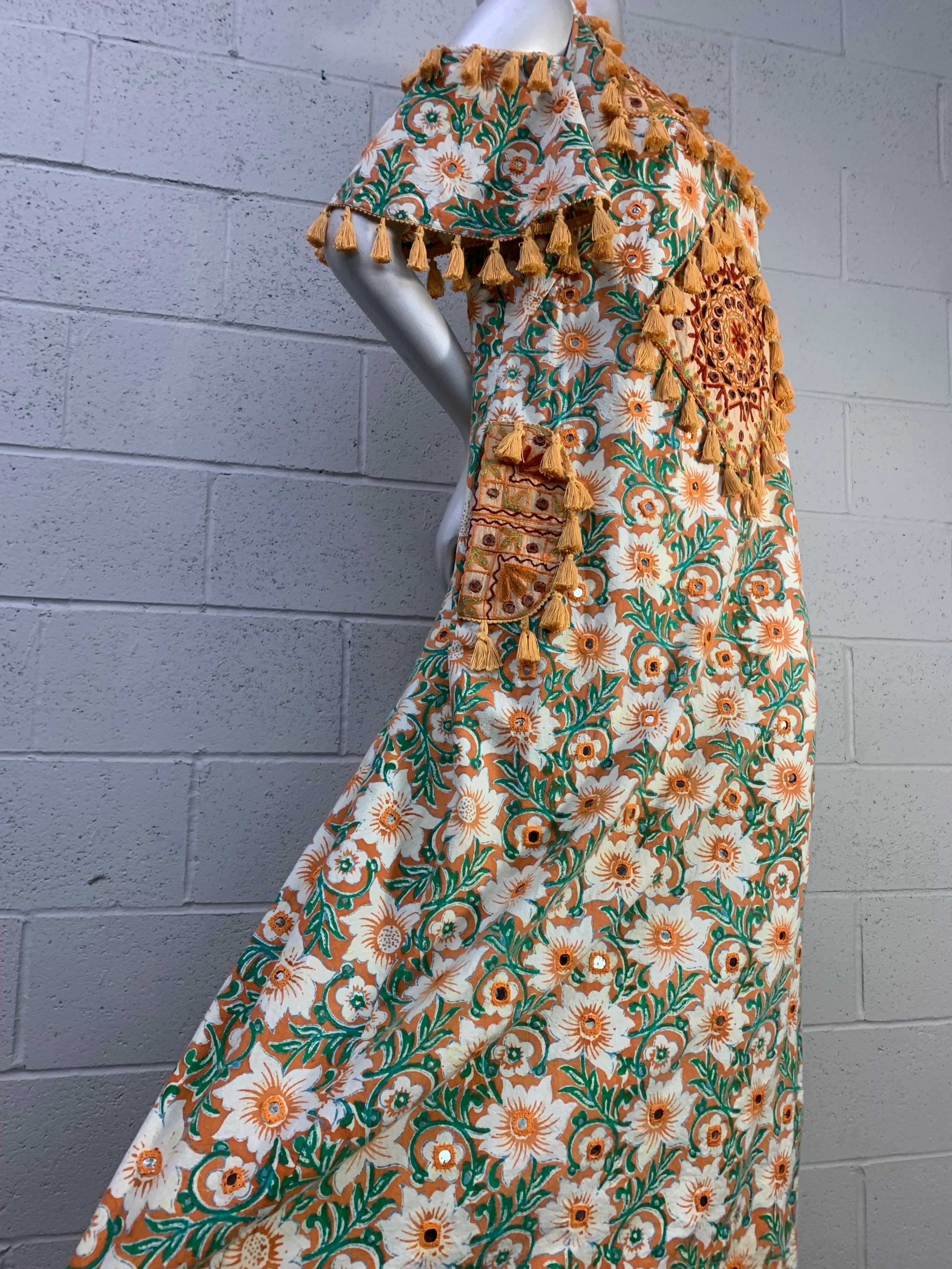 Torso Creations Cotton Lily Print Resort Dress w Mirror Tile and Tassel Fringe 8
