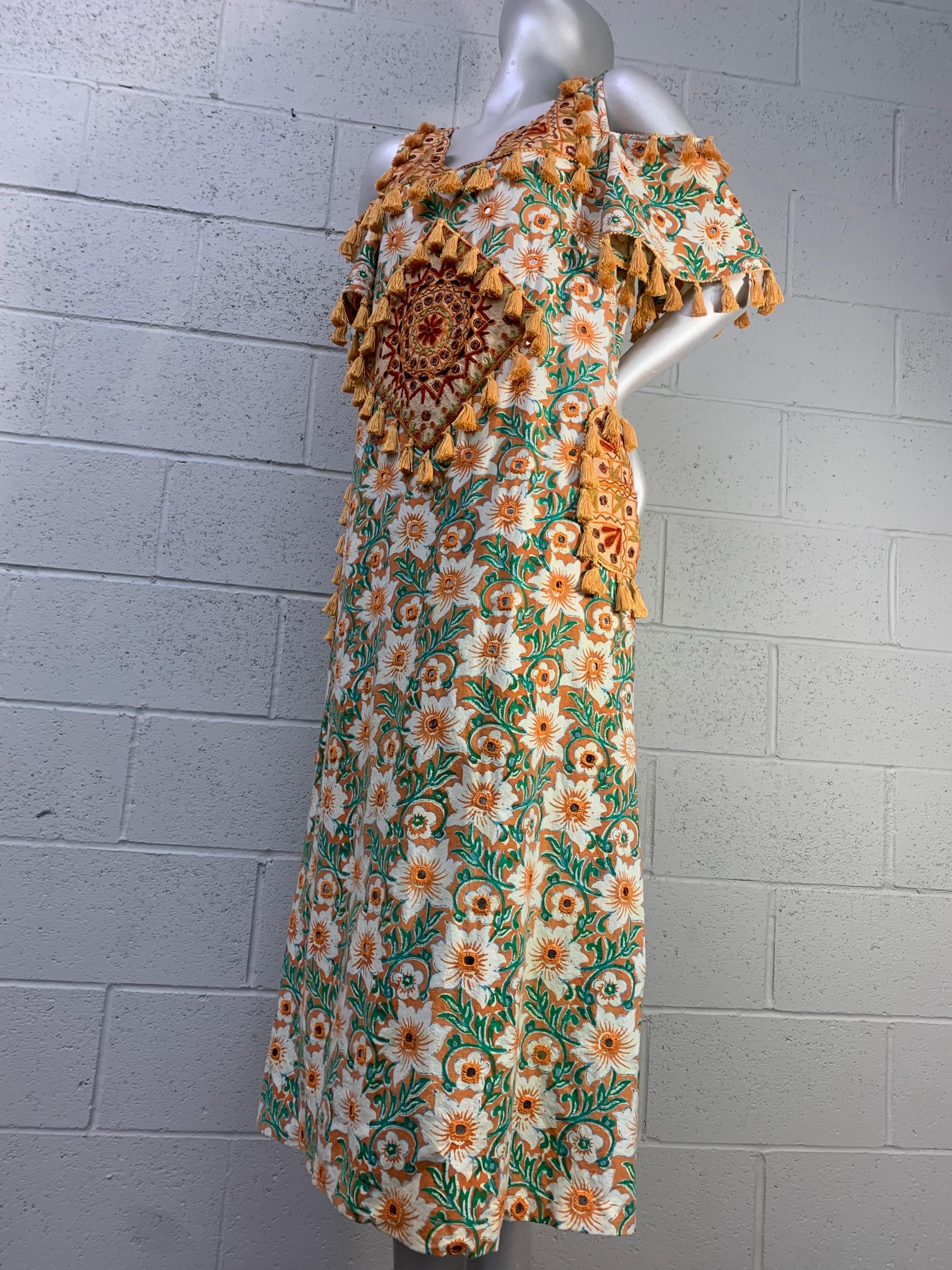 Torso Creations Cotton Lily Print Resort Dress w Mirror Tile and Tassel Fringe 12