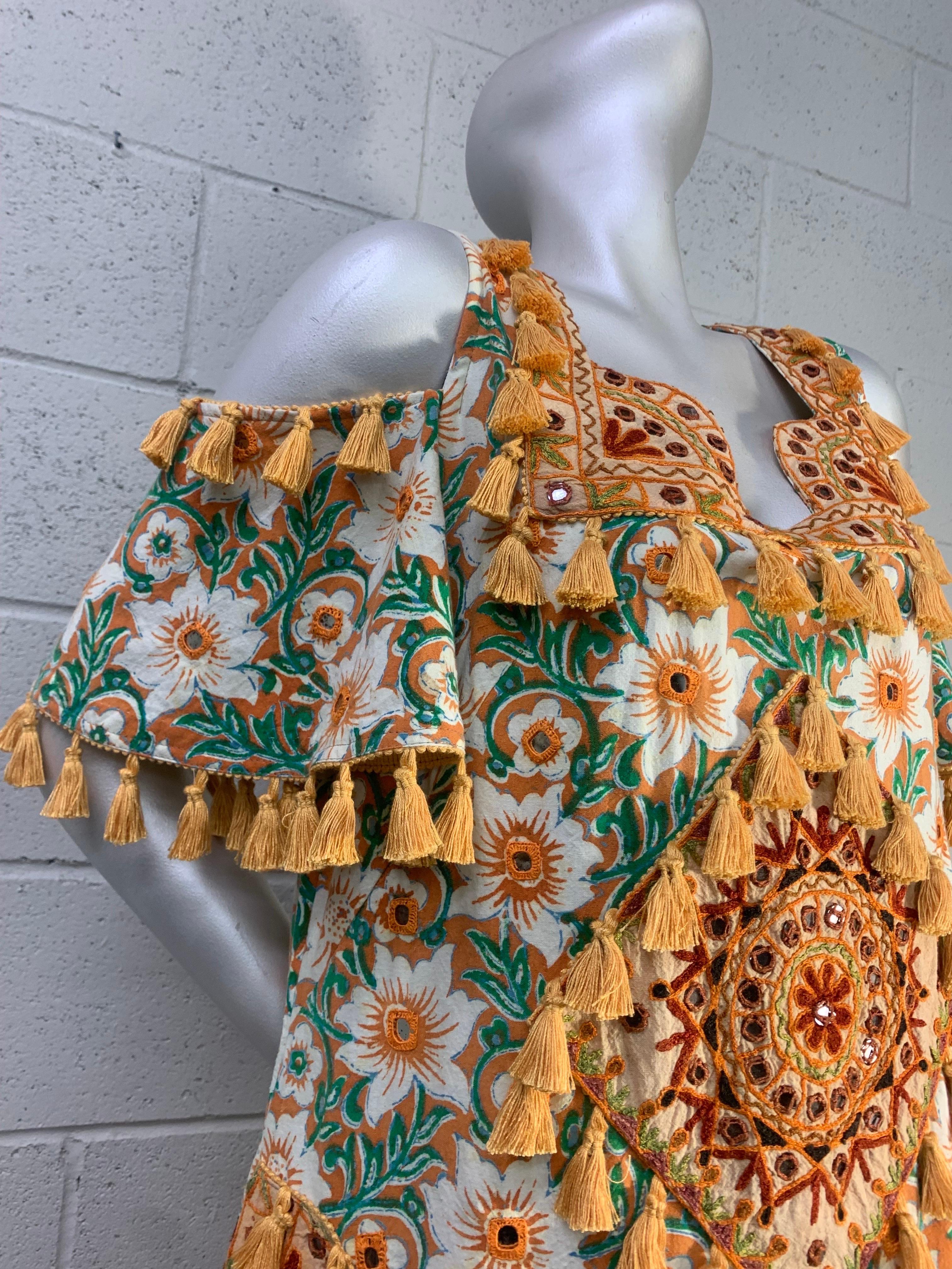 Torso Creations Cotton Lily Print Resort Dress w Mirror Tile and Tassel Fringe 13
