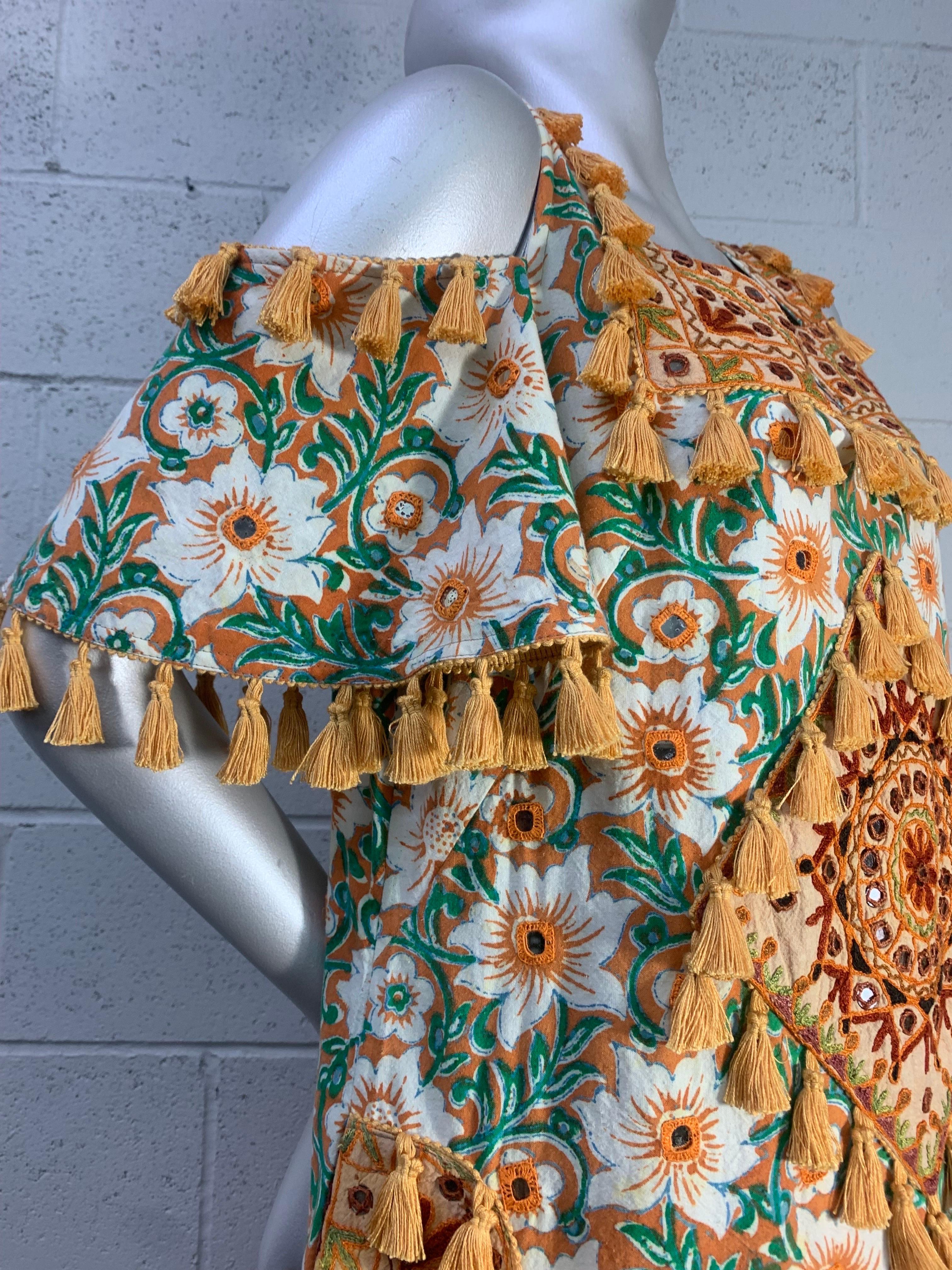 Torso Creations Cotton Lily Print Resort Dress w Mirror Tile and Tassel Fringe 14