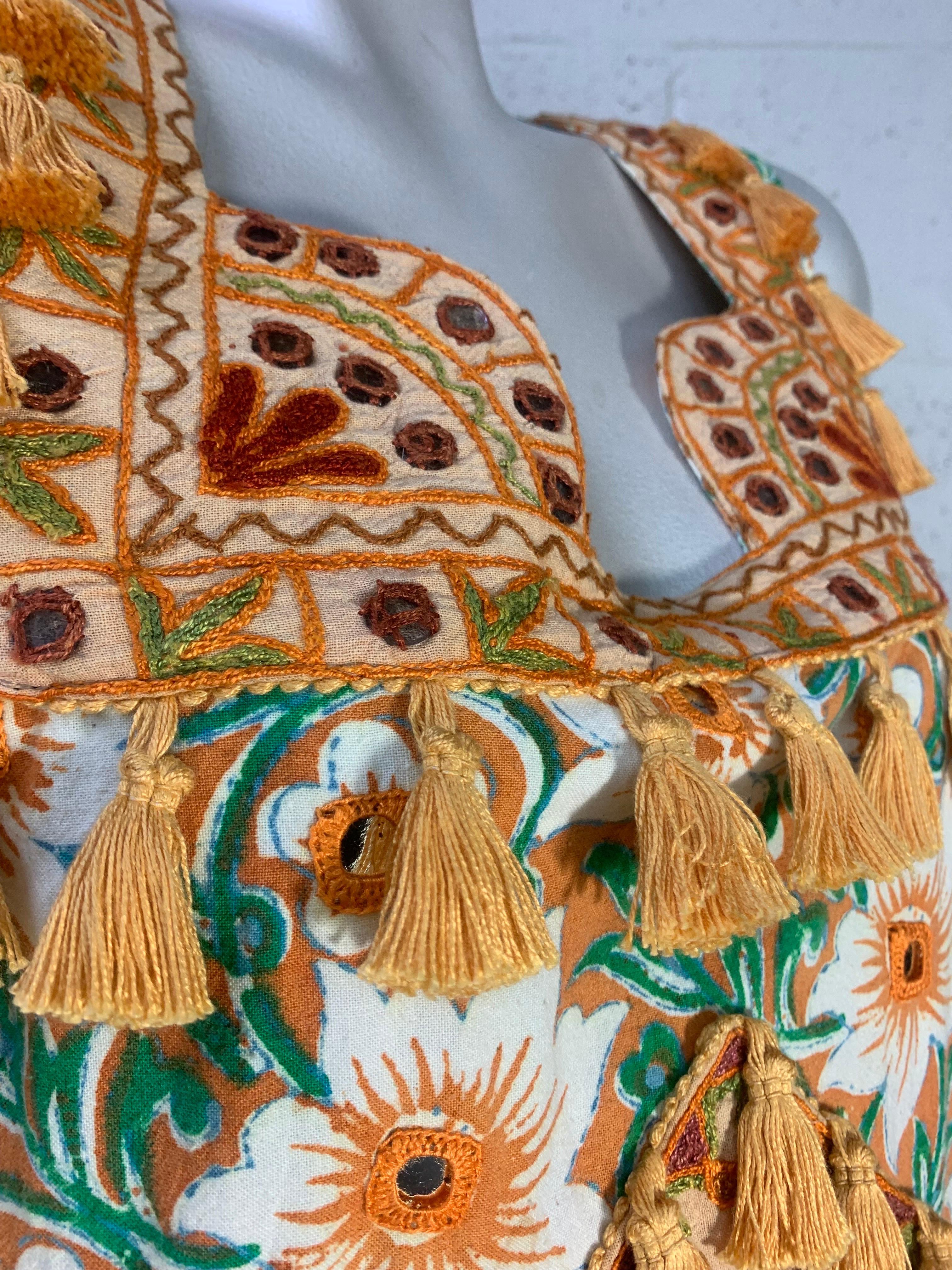 Torso Creations Cotton Lily Print Resort Dress w Mirror Tile and Tassel Fringe 15