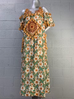 Torso Creations Cotton Lily Print Resort Dress w Mirror Tile and Tassel Fringe