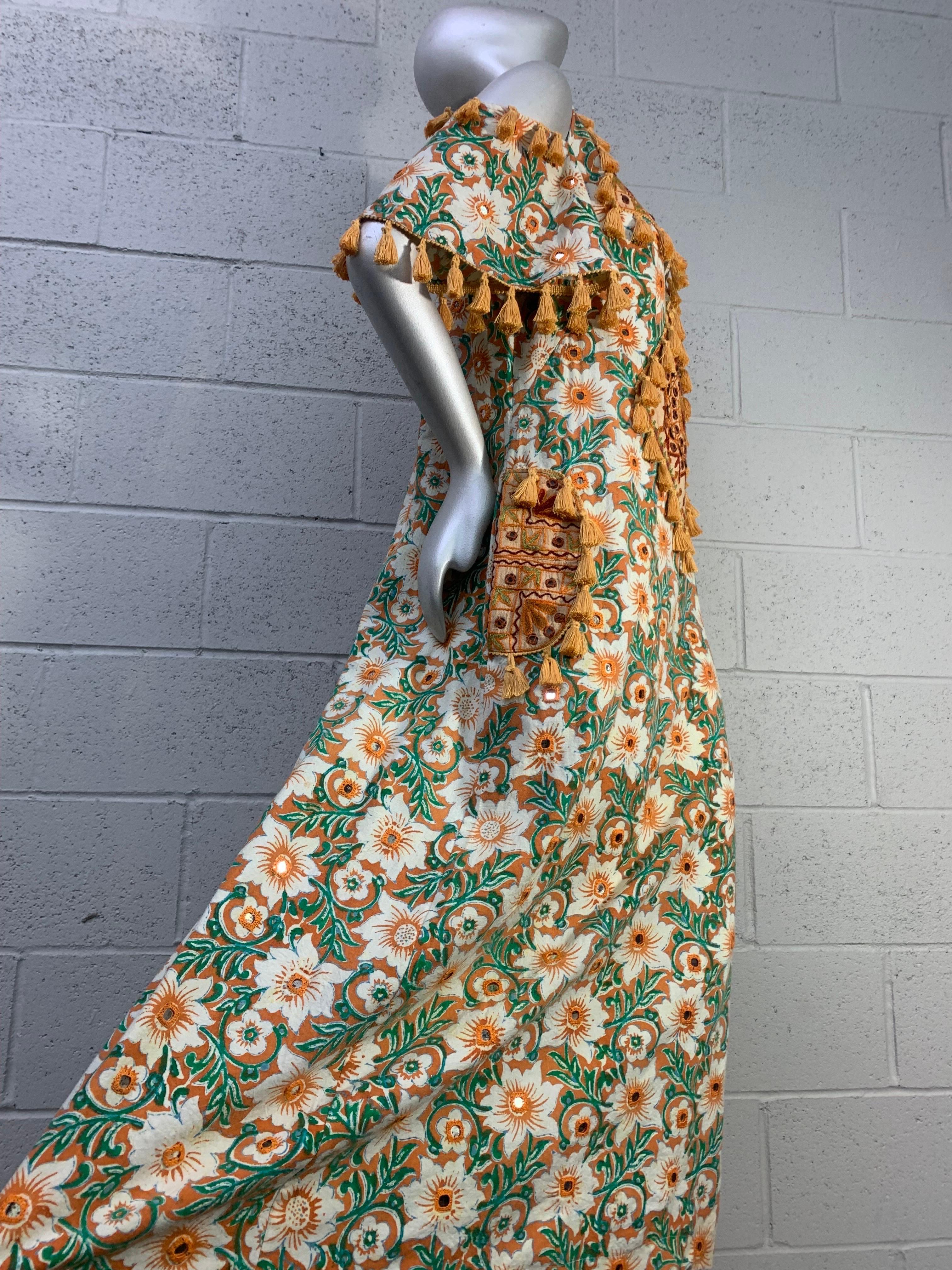 Torso Creations Cotton Lily Print Resort Dress w Mirror Tile and Tassel Fringe In Excellent Condition In Gresham, OR