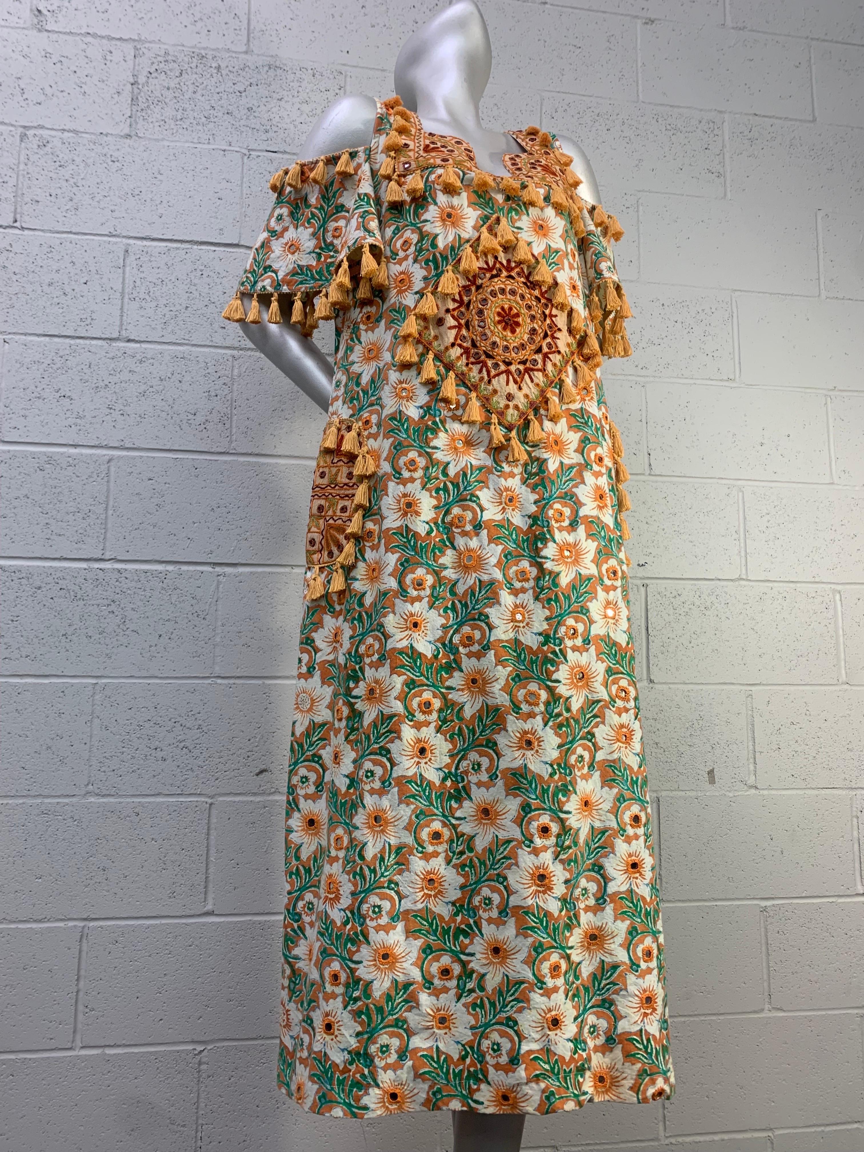 Torso Creations Cotton Lily Print Resort Dress w Mirror Tile and Tassel Fringe 2