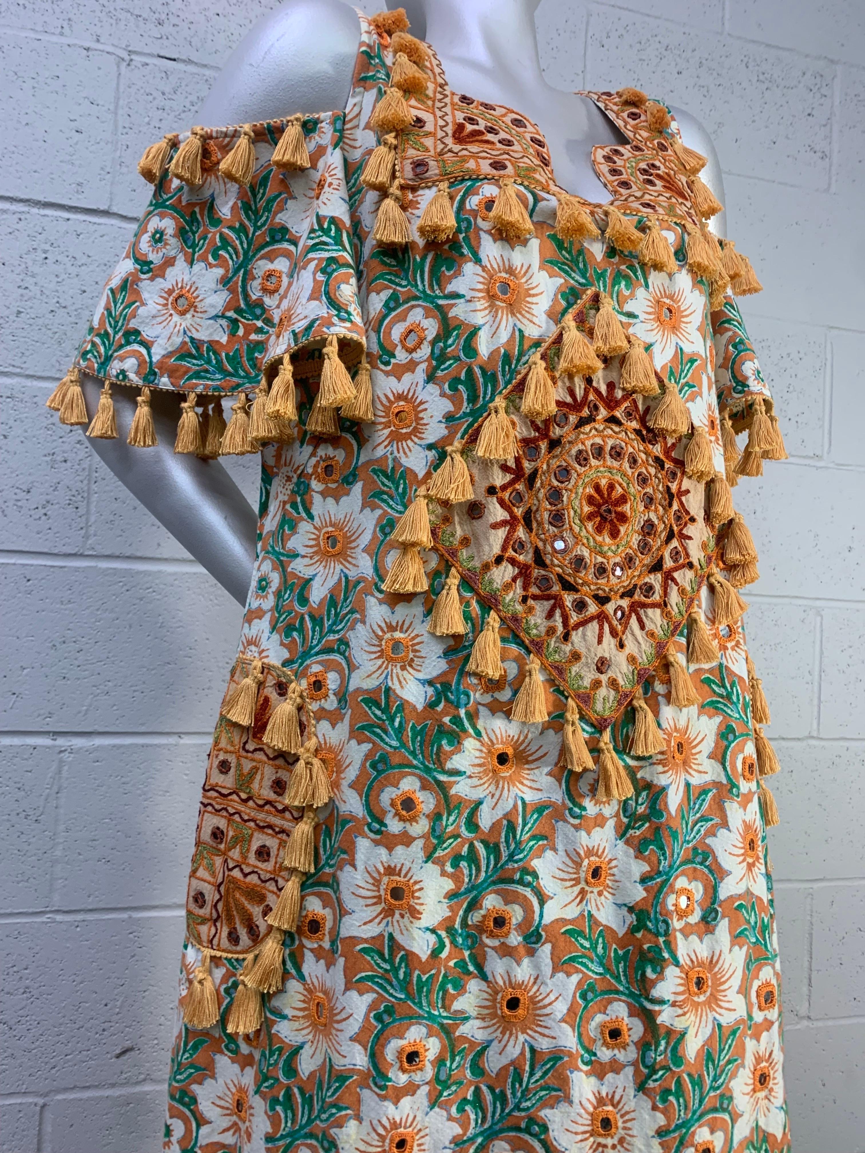 Torso Creations Cotton Lily Print Resort Dress w Mirror Tile and Tassel Fringe 3
