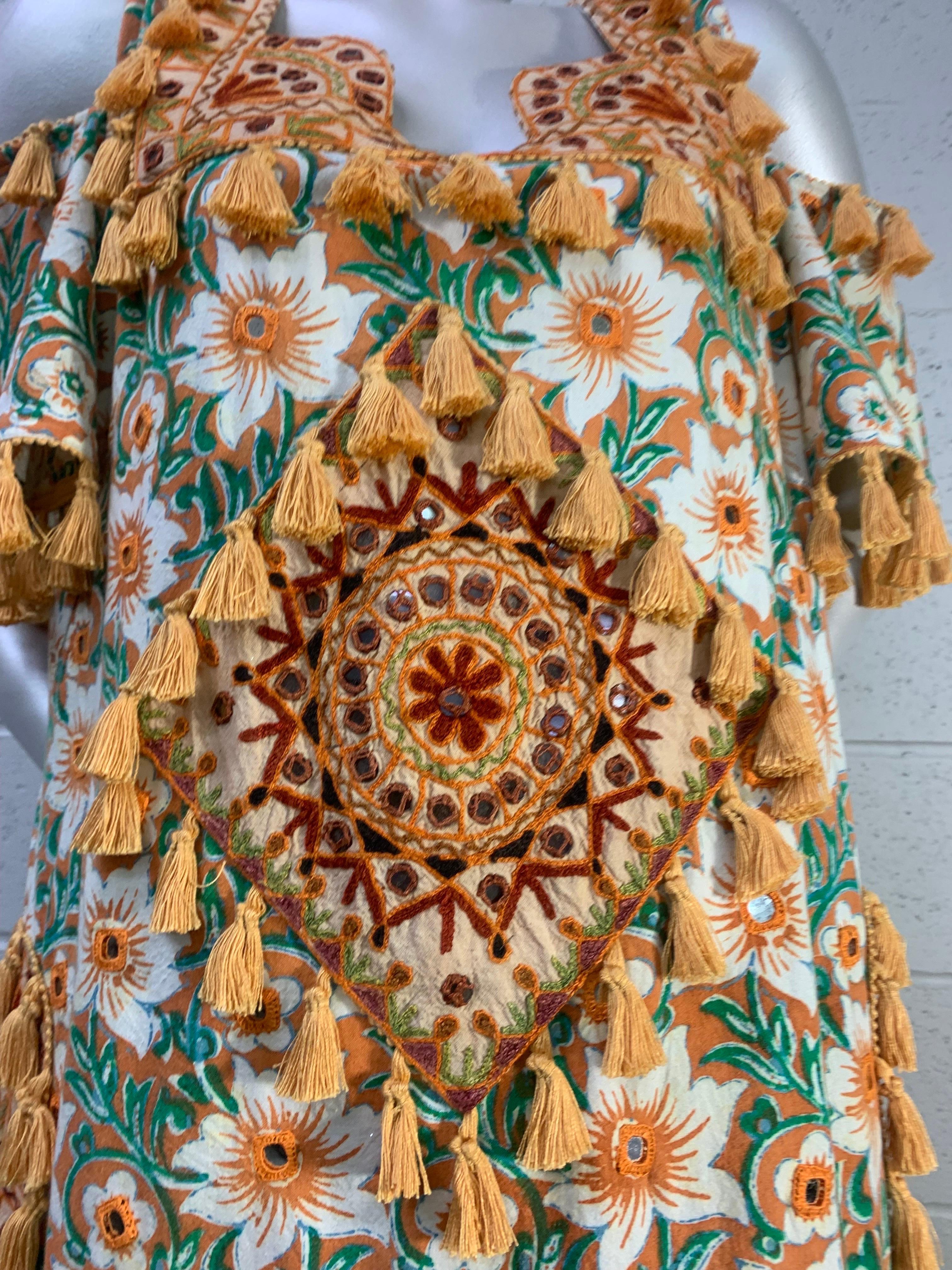 Torso Creations Cotton Lily Print Resort Dress w Mirror Tile and Tassel Fringe 4