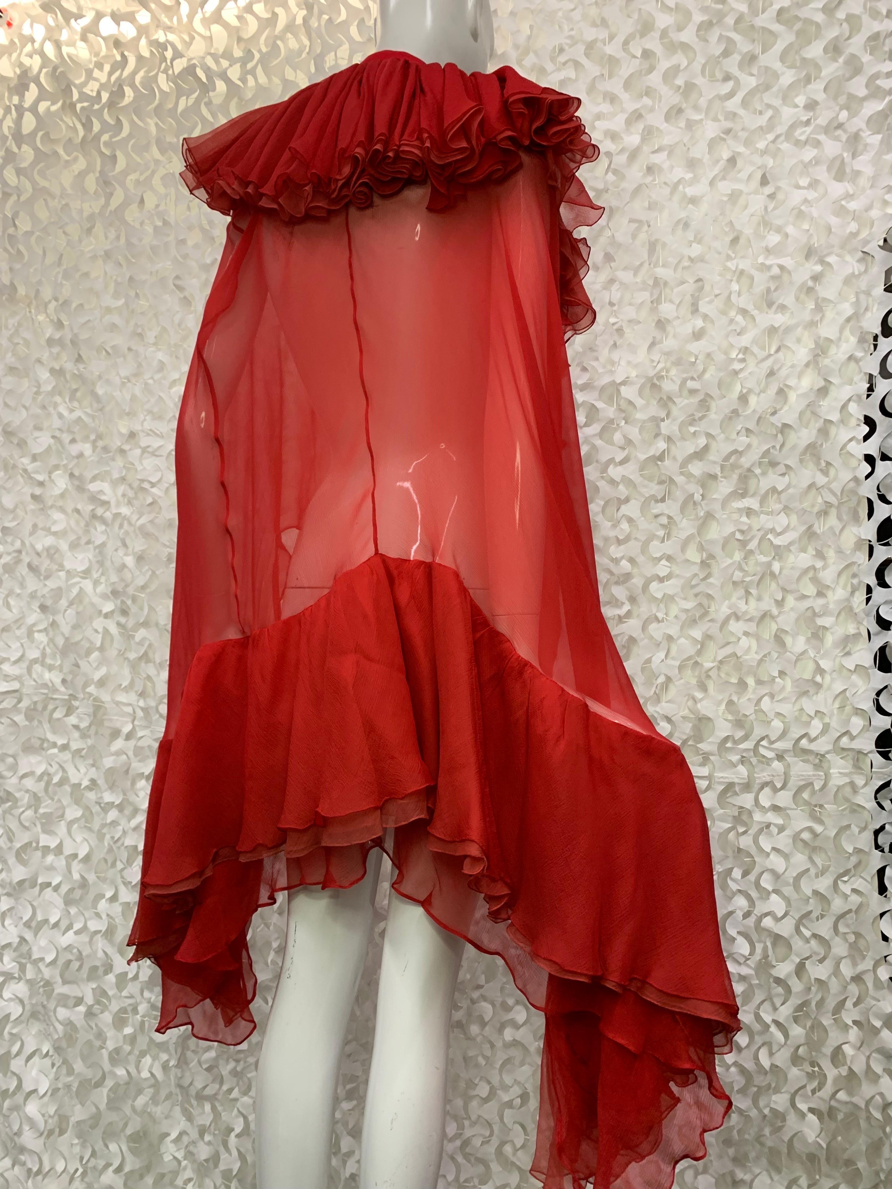 Torso Creations Crimson Red Silk Chiffon Cape w Lush Ruffles & Silk Foulard For Sale 7
