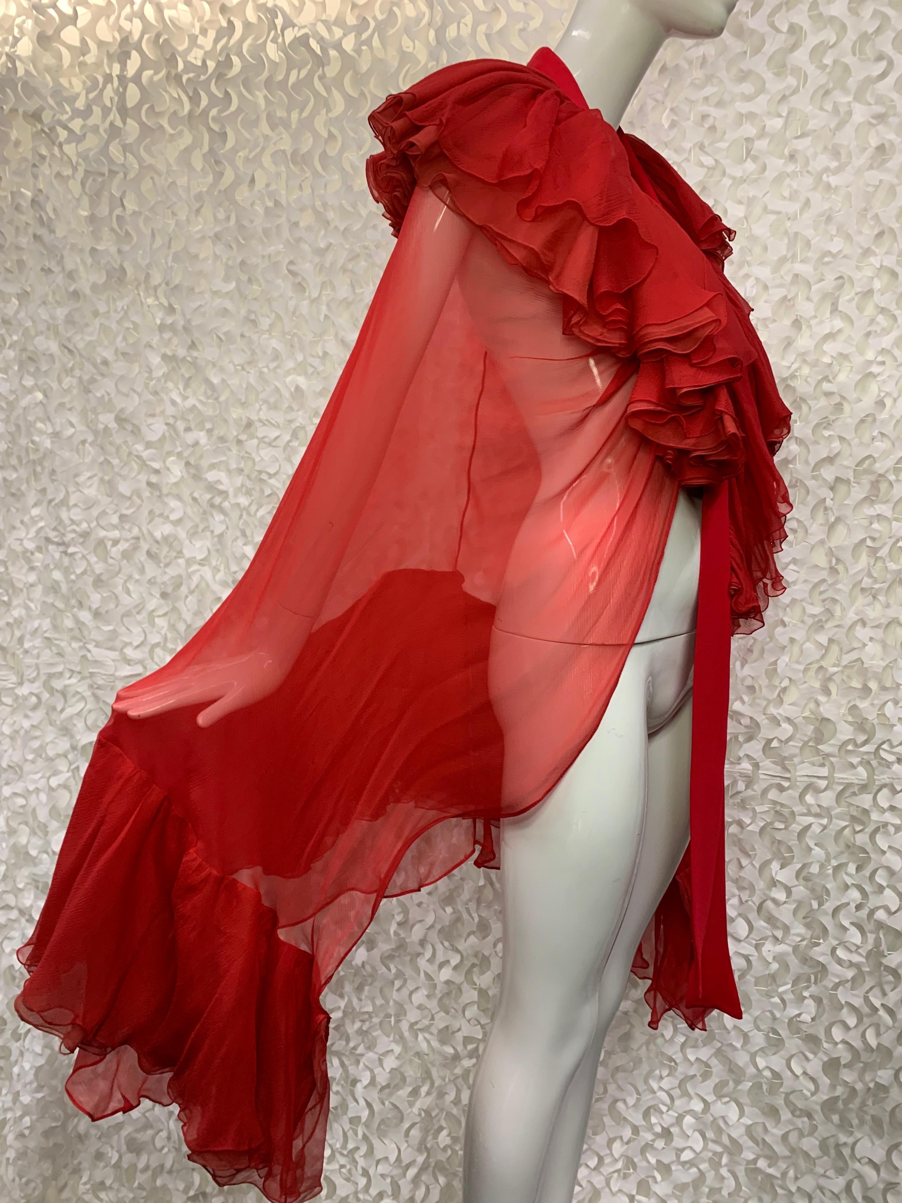 Torso Creations Crimson Red Silk Chiffon Cape w Lush Ruffles & Silk Foulard For Sale 9