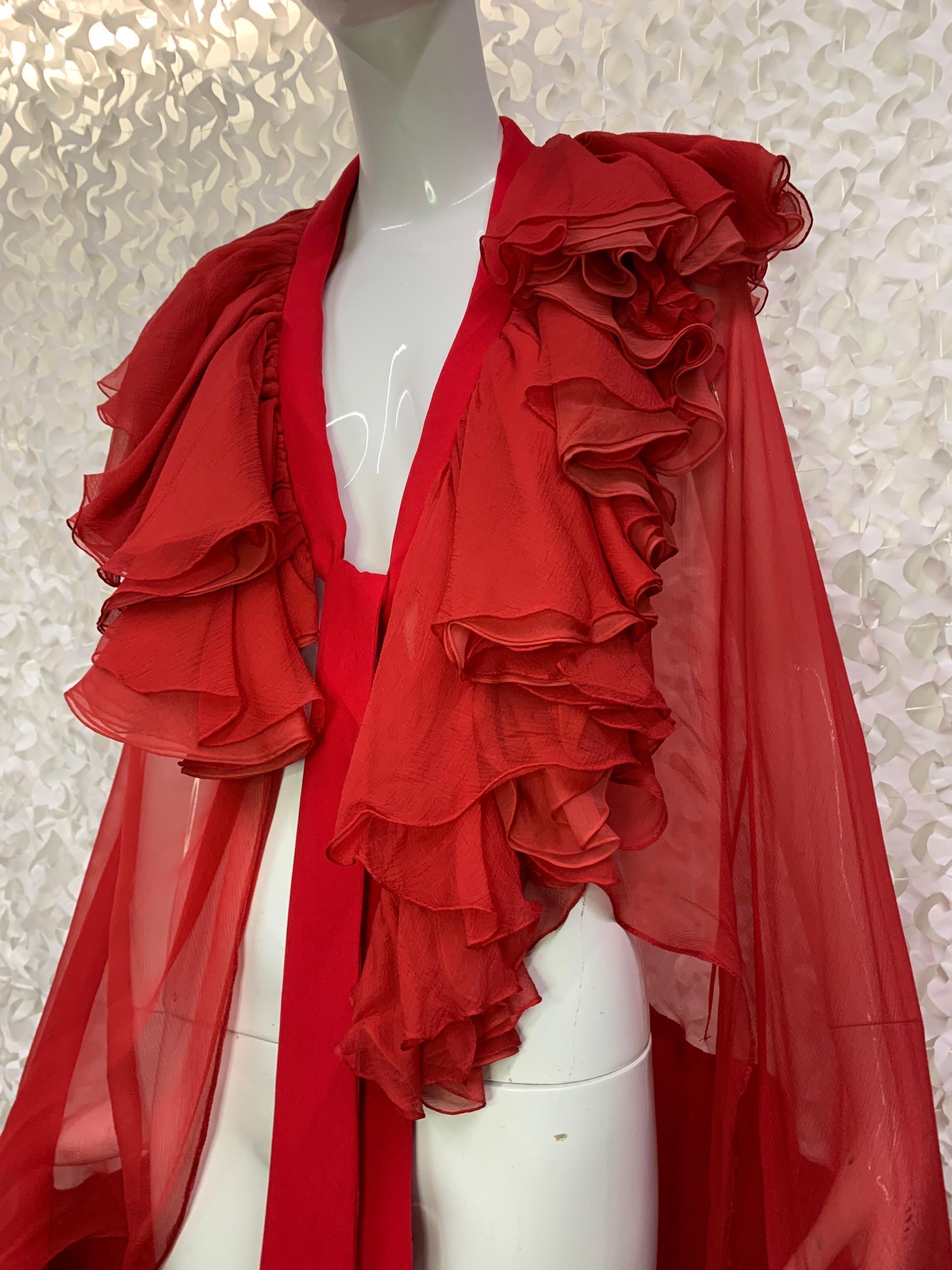 Torso Creations Crimson Red Silk Chiffon Cape w Lush Ruffles & Silk Foulard In Excellent Condition For Sale In Gresham, OR