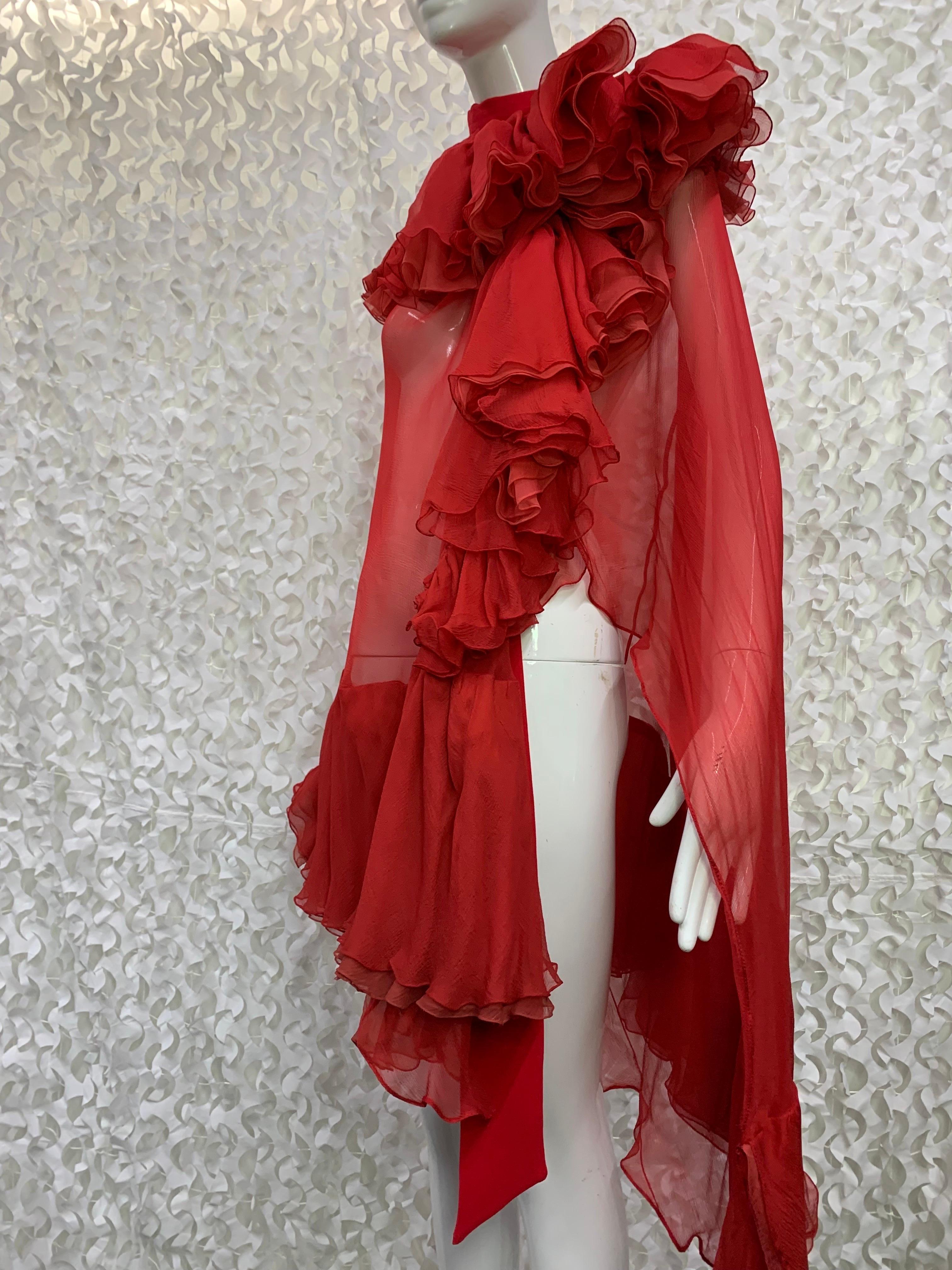 Women's or Men's Torso Creations Crimson Red Silk Chiffon Cape w Lush Ruffles & Silk Foulard For Sale