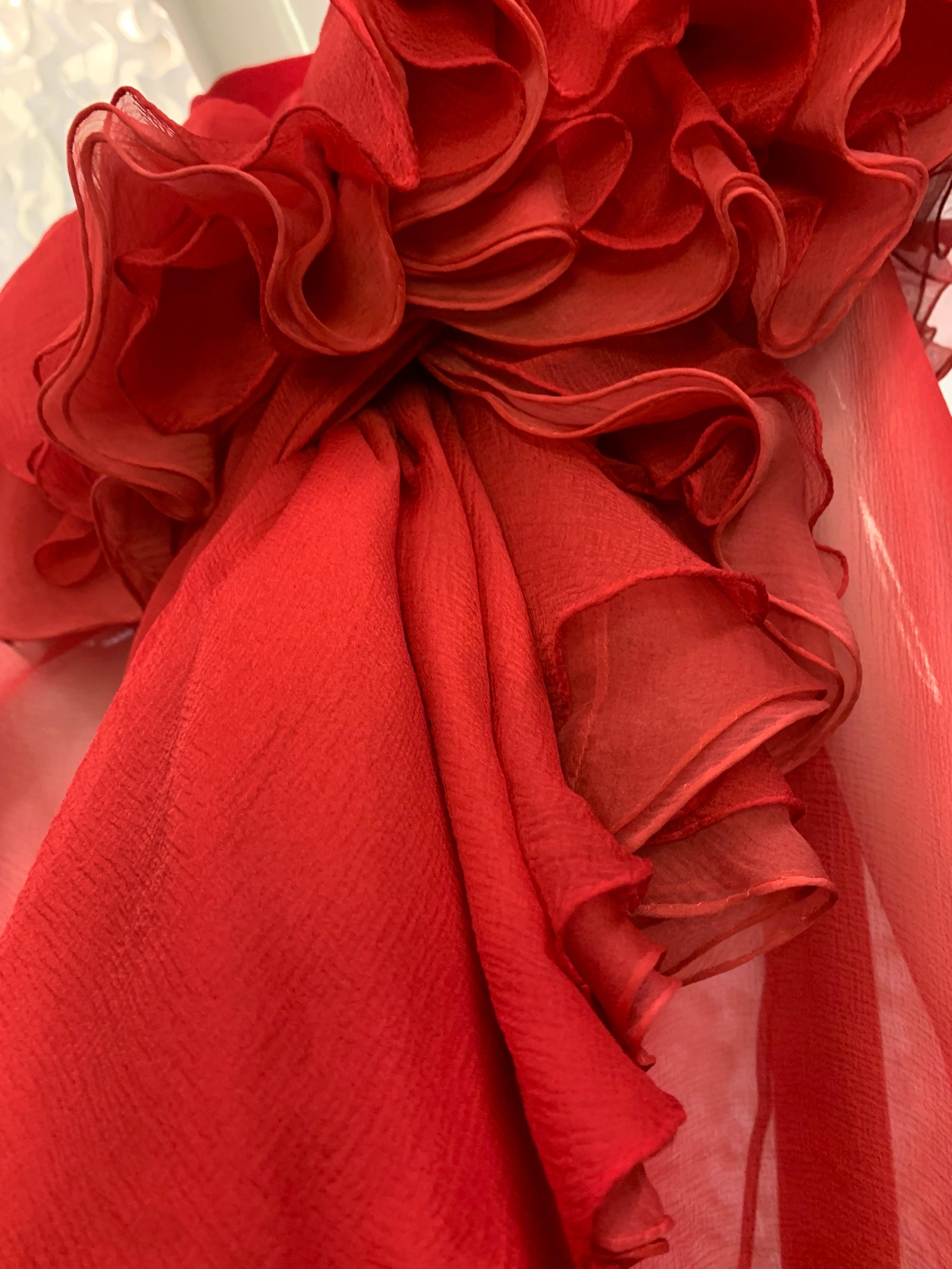 Torso Creations Crimson Red Silk Chiffon Cape w Lush Ruffles & Silk Foulard For Sale 1