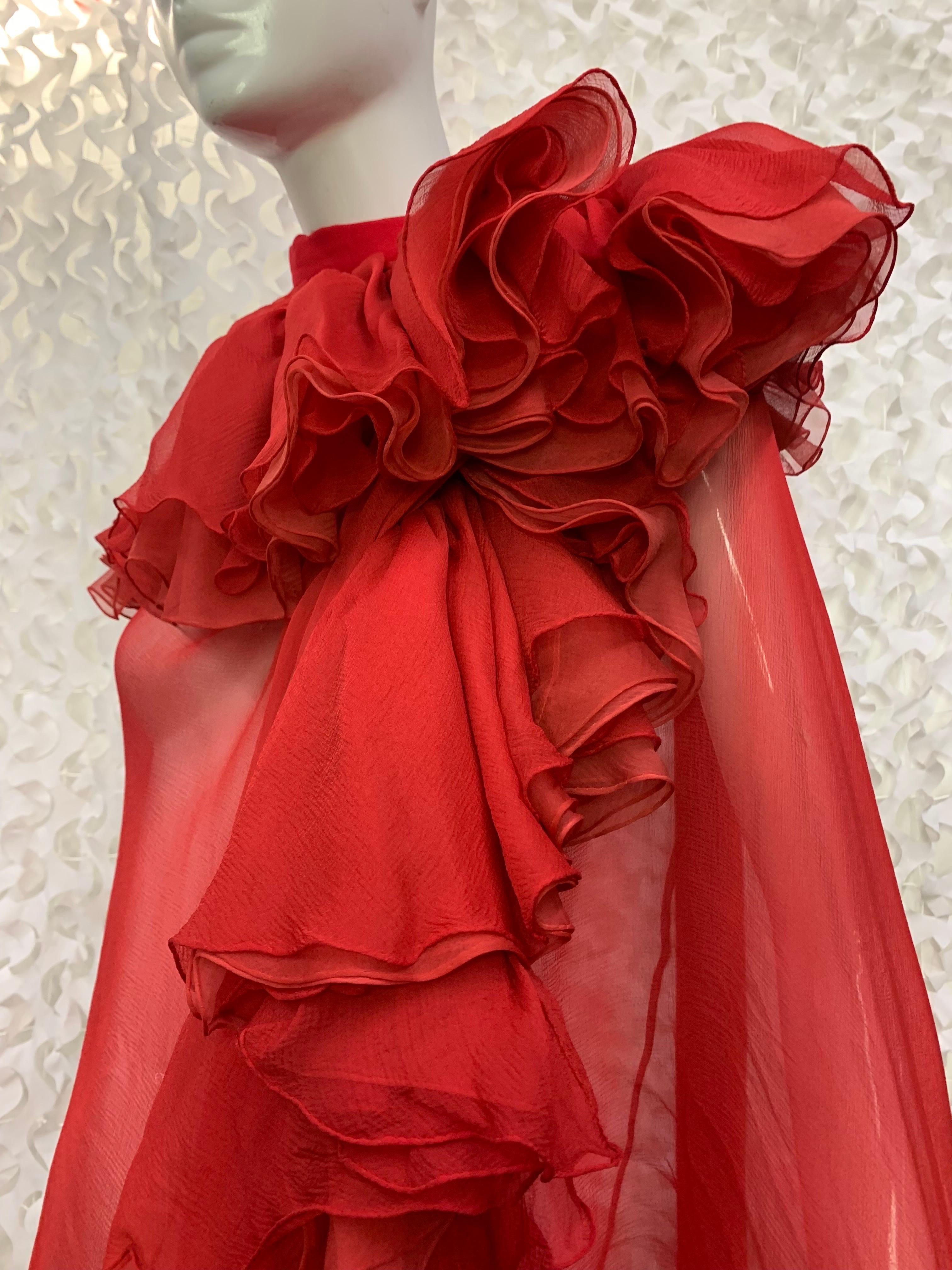 Torso Creations Crimson Red Silk Chiffon Cape w Lush Ruffles & Silk Foulard For Sale 2