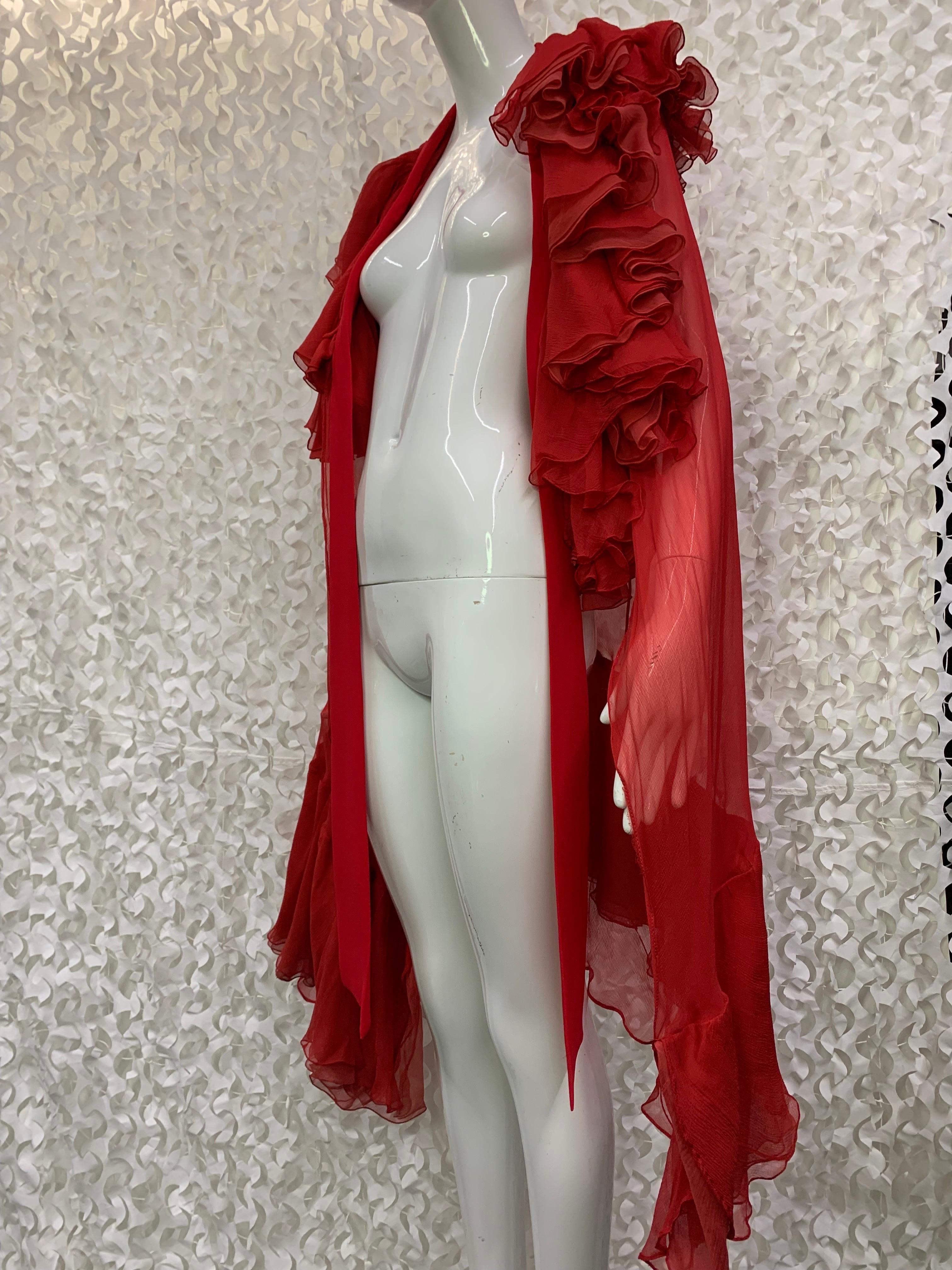 Torso Creations Crimson Red Silk Chiffon Cape w Lush Ruffles & Silk Foulard For Sale 3