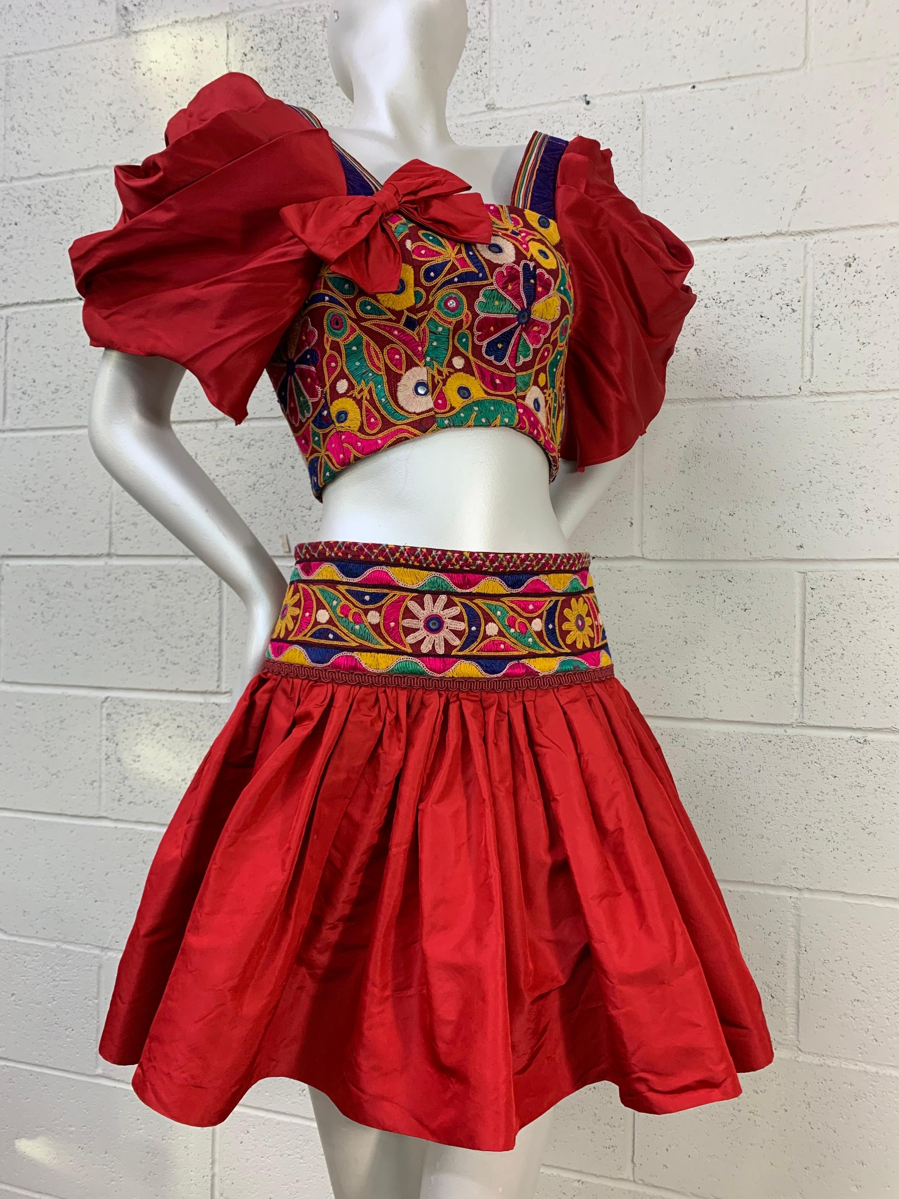 Red Torso Creations Crimson Silk Taffeta Mini Skirt & Corset-Style Blouse Ensemble  For Sale