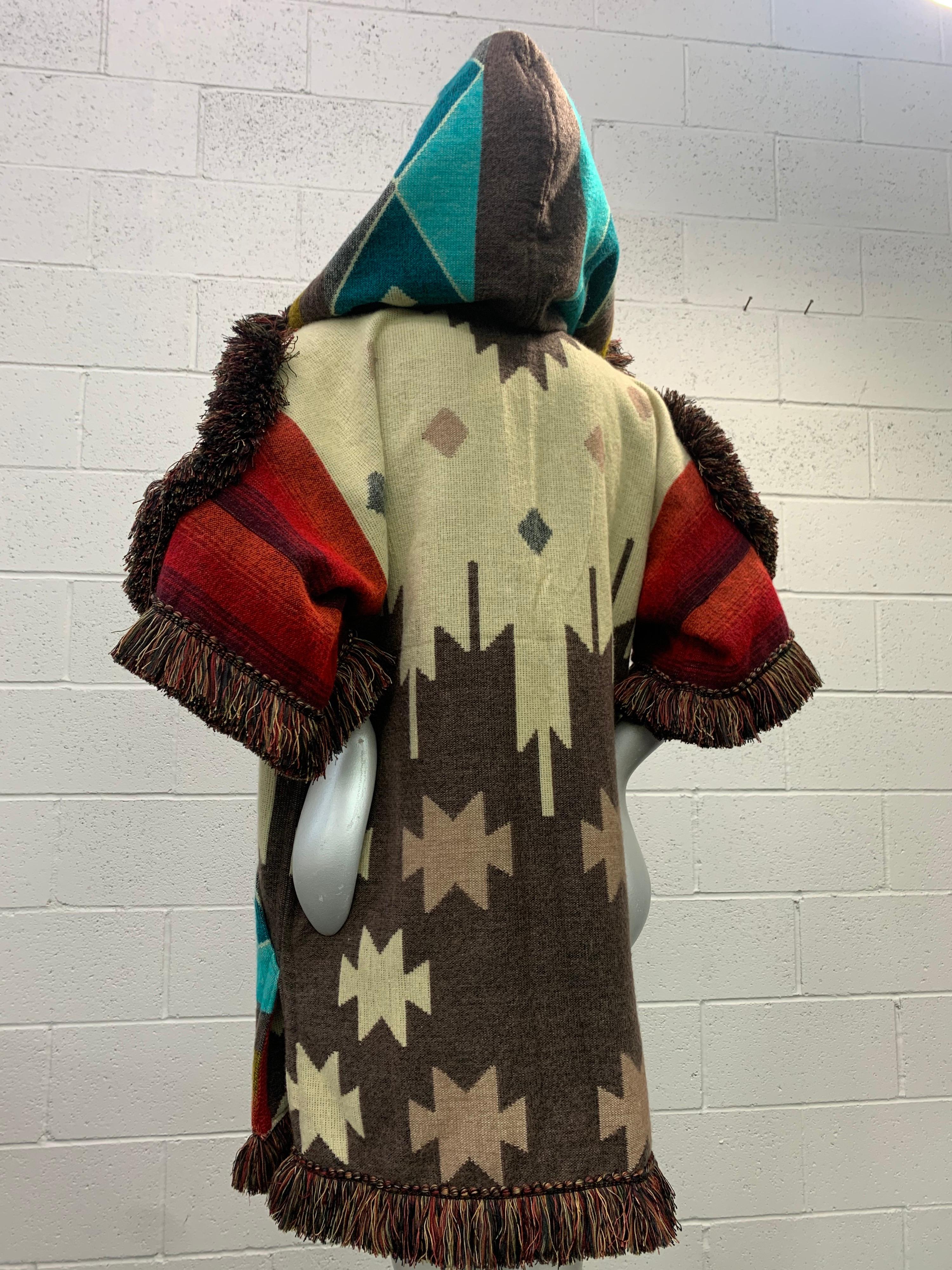Torso Creations Ecuadorian Woven Blanket Double Zip Hooded Jacket W/ Fringe Trim For Sale 2