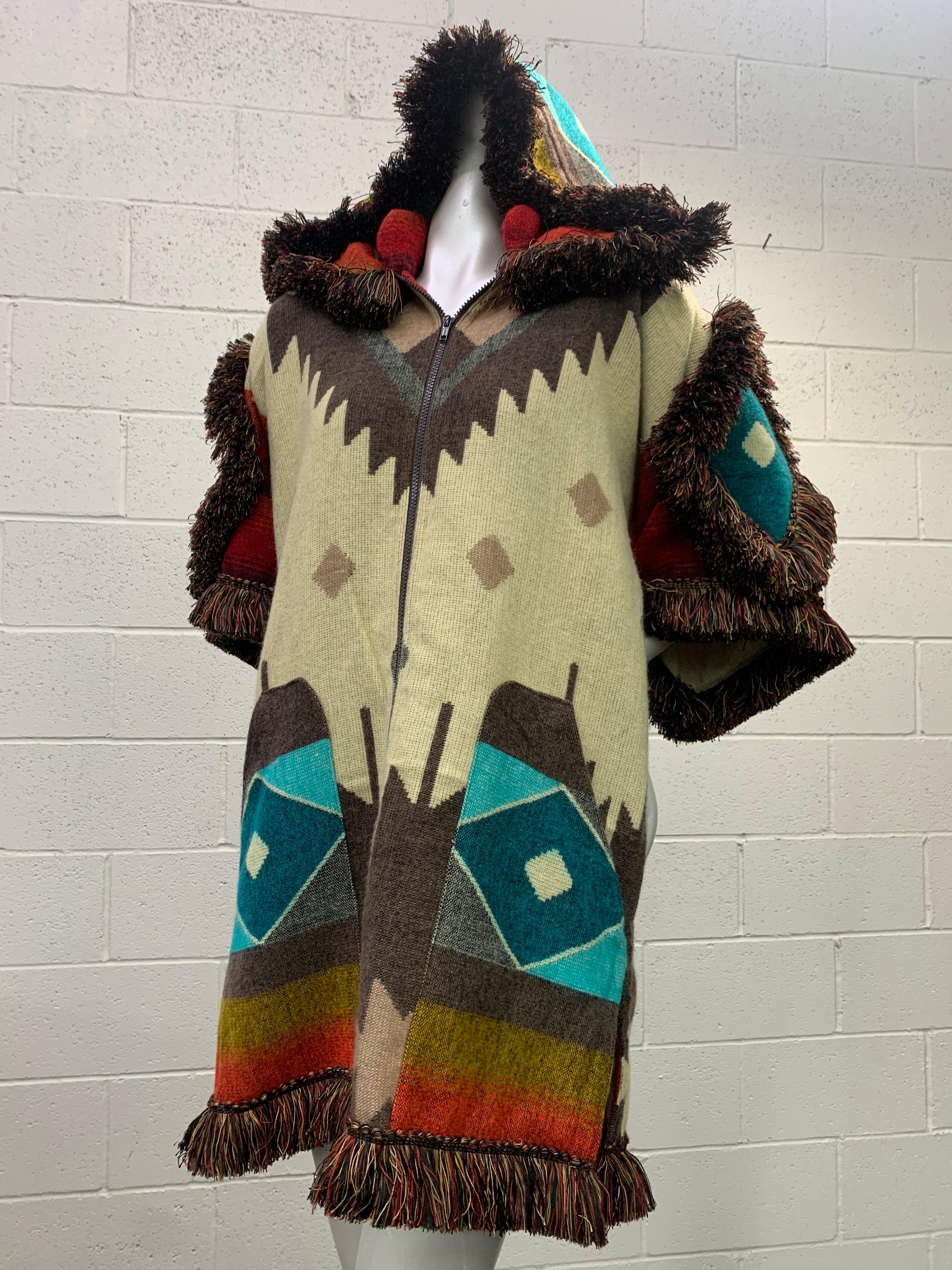 Torso Creations Ecuadorian Woven Blanket Double Zip Hooded Jacket W/ Fringe Trim For Sale 5