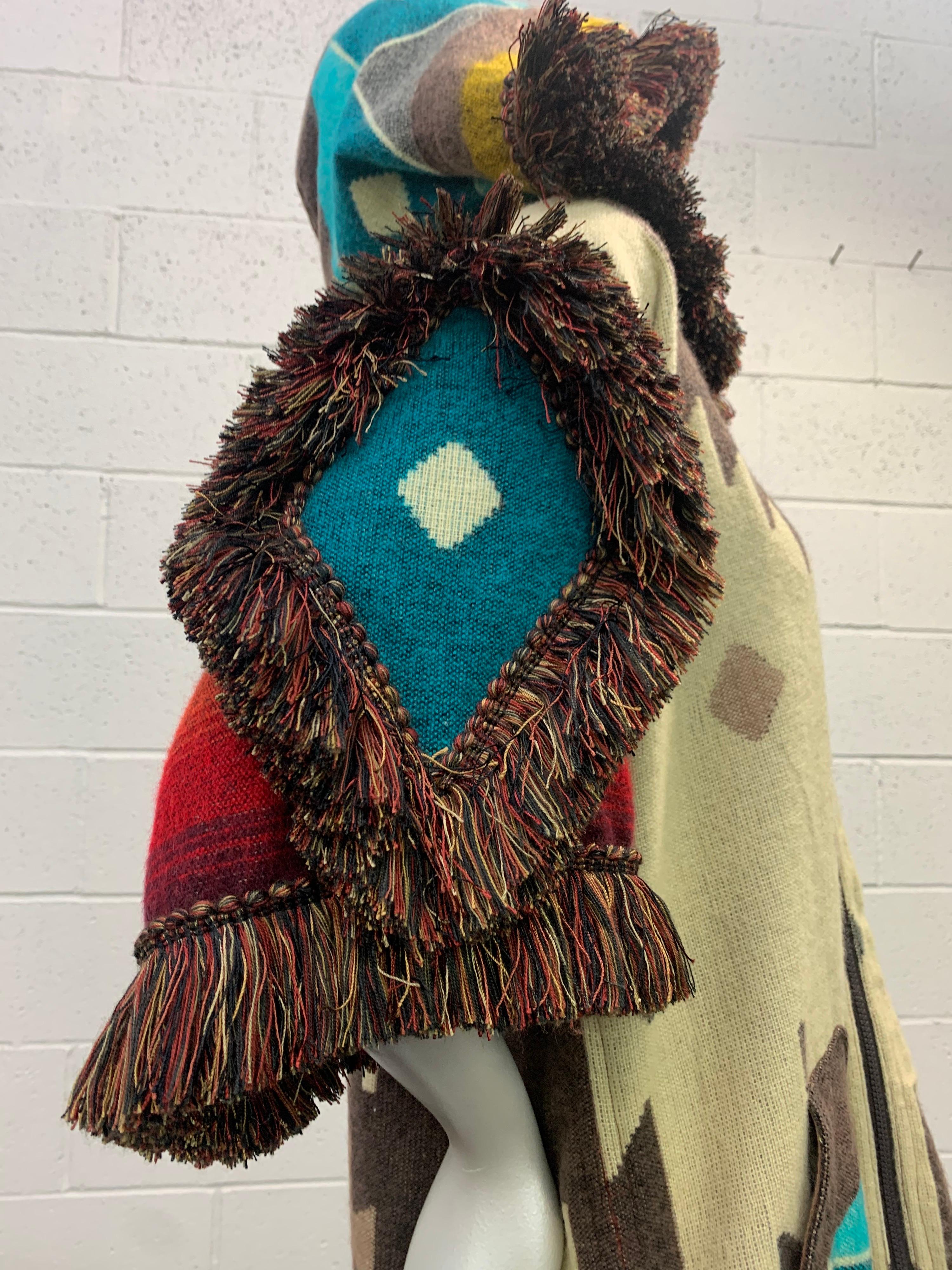 Torso Creations Ecuadorian Woven Blanket Double Zip Hooded Jacket W/ Fringe Trim For Sale 7
