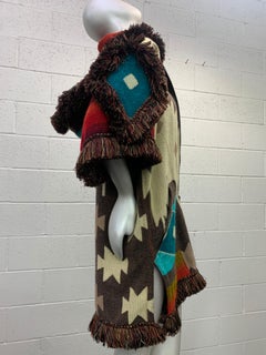 Torso Creations Ecuadorian Woven Blanket Double Zip Hooded Jacket W/ Fringe Trim