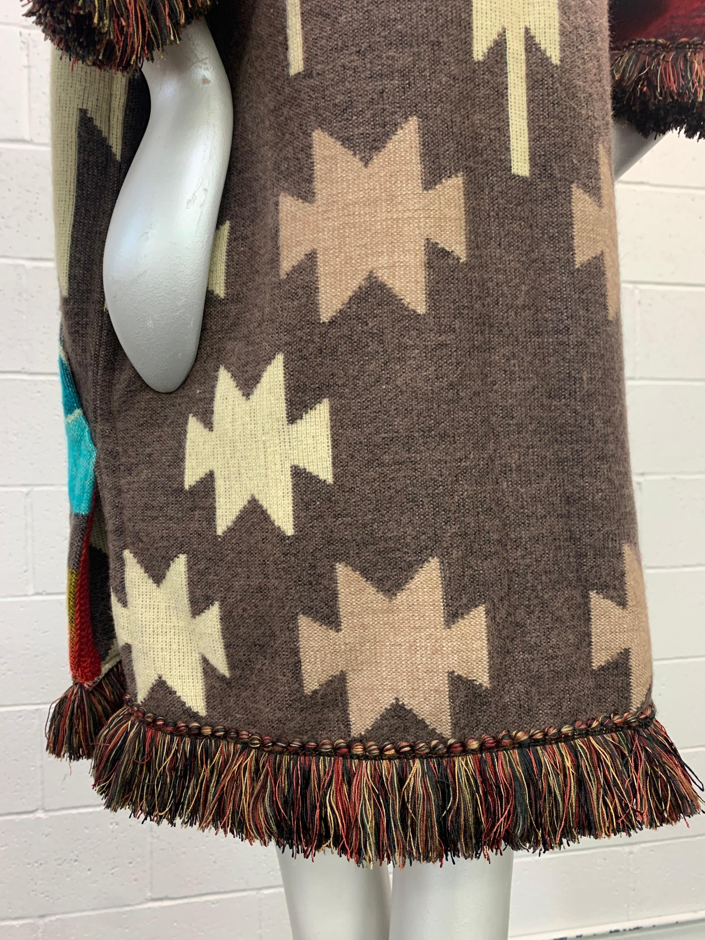 Torso Creations Ecuadorian Woven Blanket Double Zip Hooded Jacket W/ Fringe Trim In New Condition For Sale In Gresham, OR