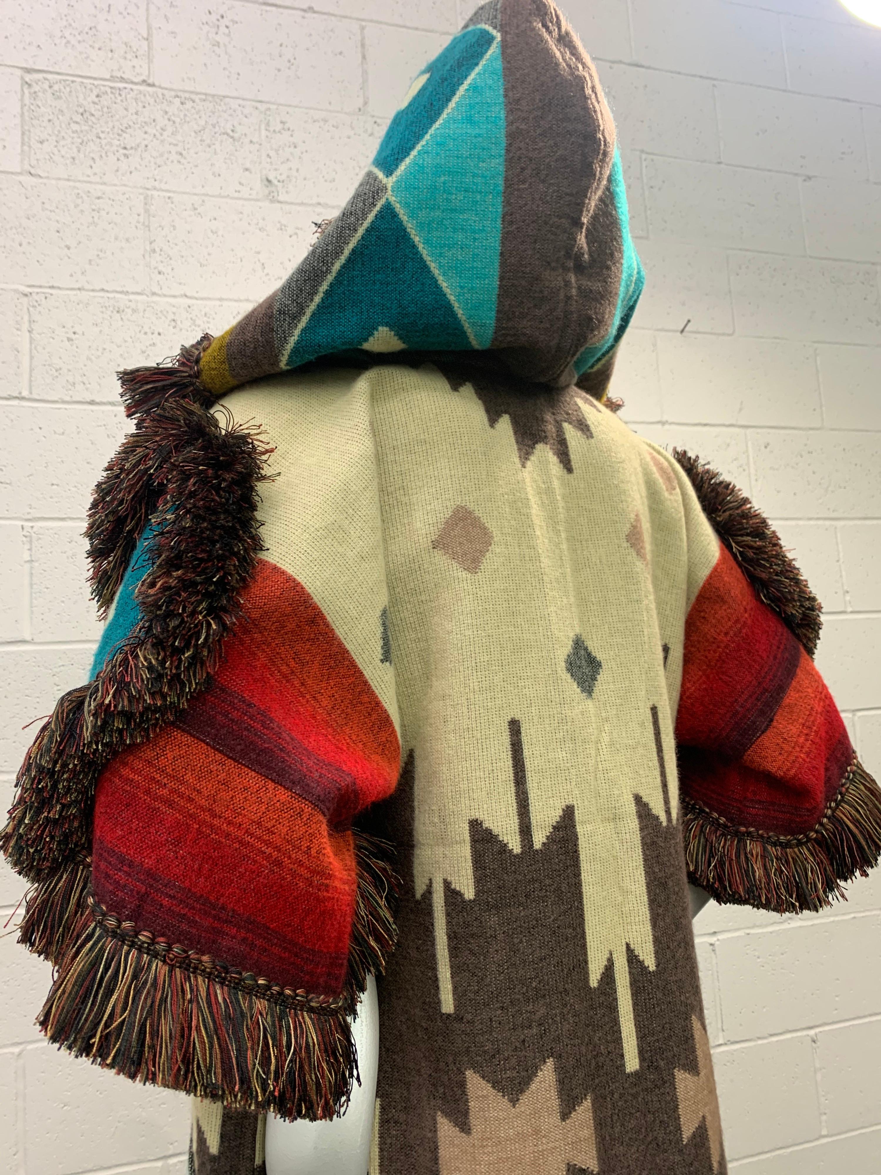 Men's Torso Creations Ecuadorian Woven Blanket Double Zip Hooded Jacket W/ Fringe Trim For Sale