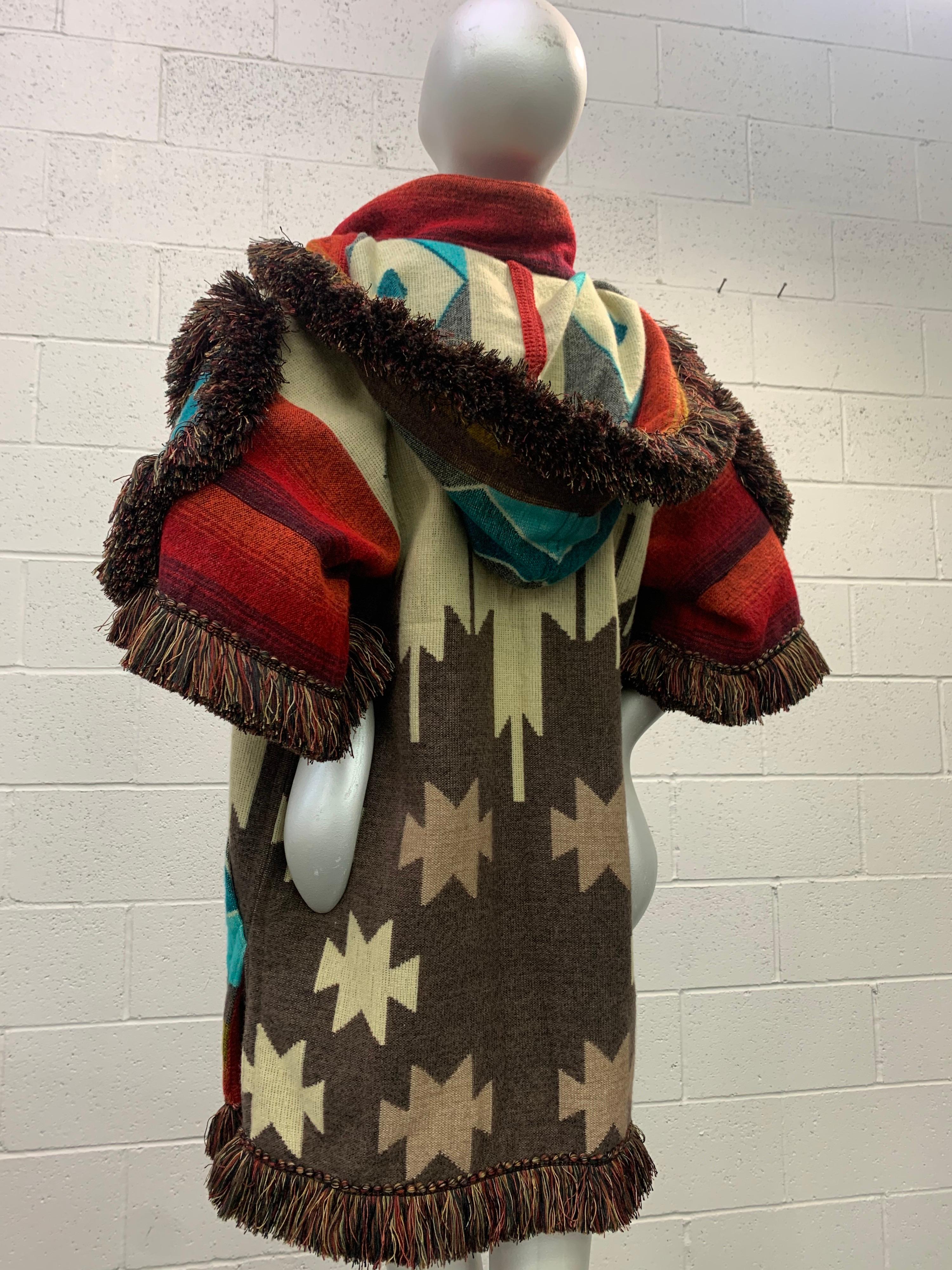 Torso Creations Ecuadorian Woven Blanket Double Zip Hooded Jacket W/ Fringe Trim For Sale 1