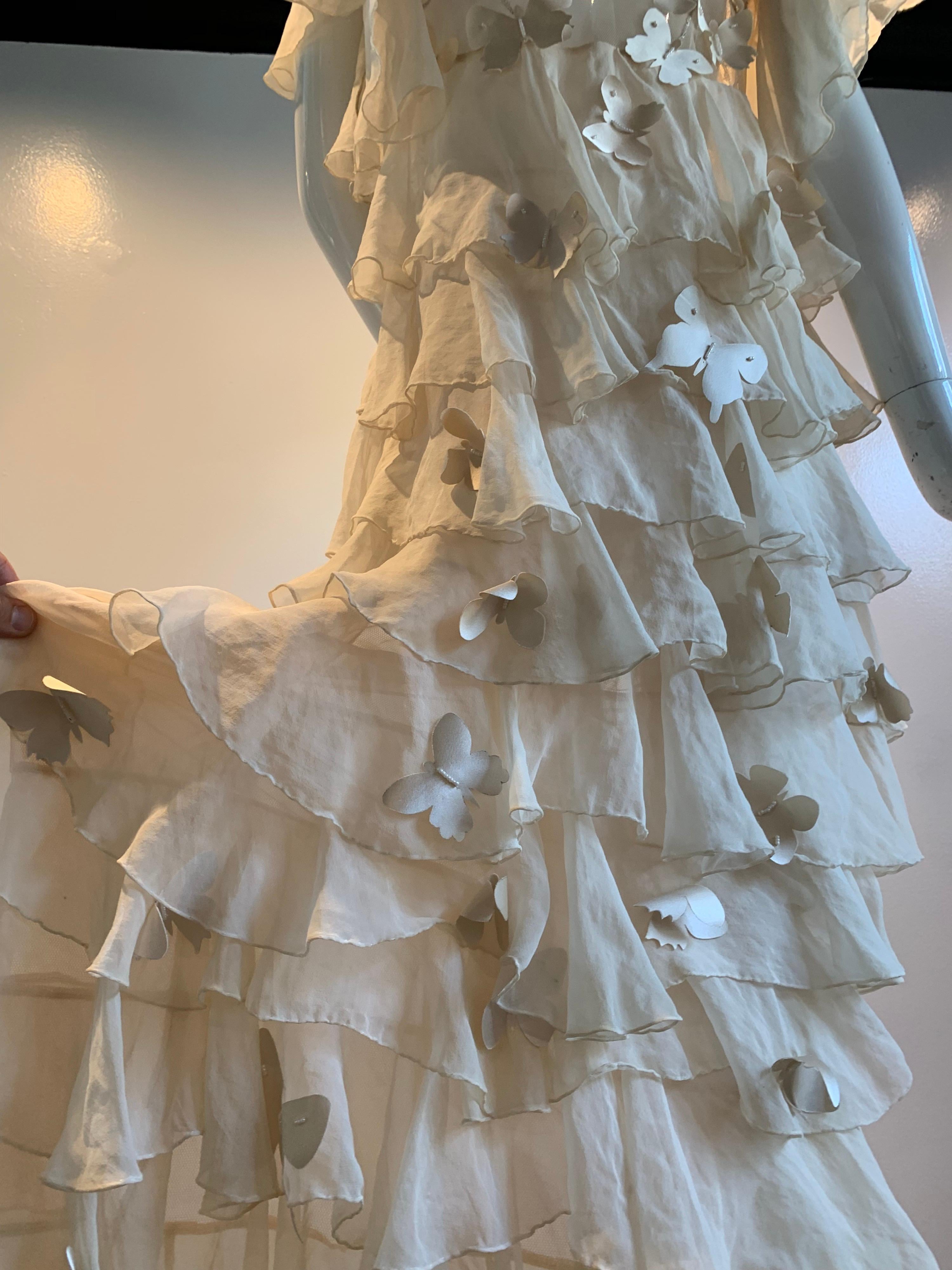 Torso Creations Eggshell Silk Chiffon Ruffled Wedding Gown W/ Silk Butterflies For Sale 7