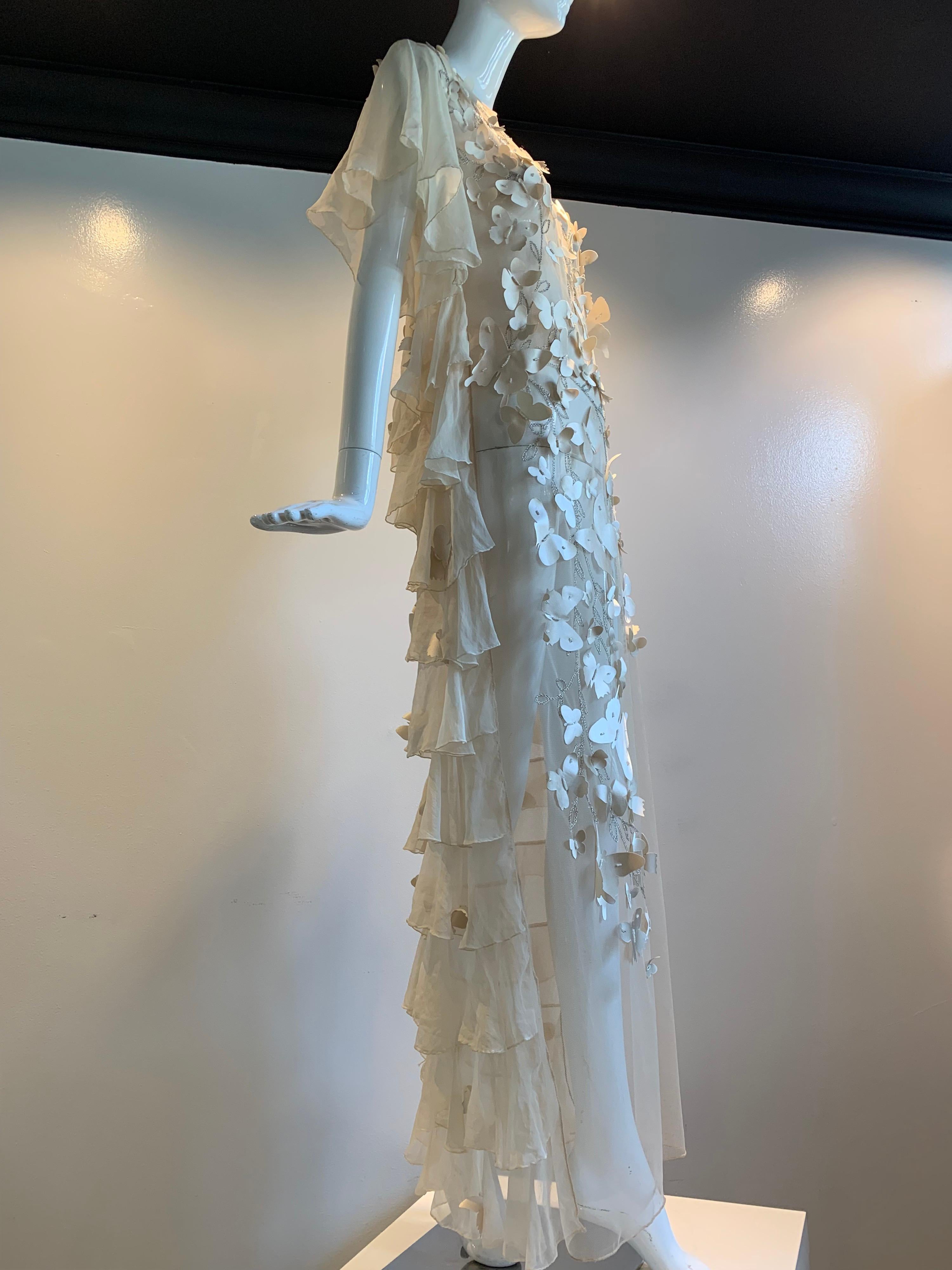 Torso Creations Eggshell Silk Chiffon Ruffled Wedding Gown W/ Silk Butterflies For Sale 11