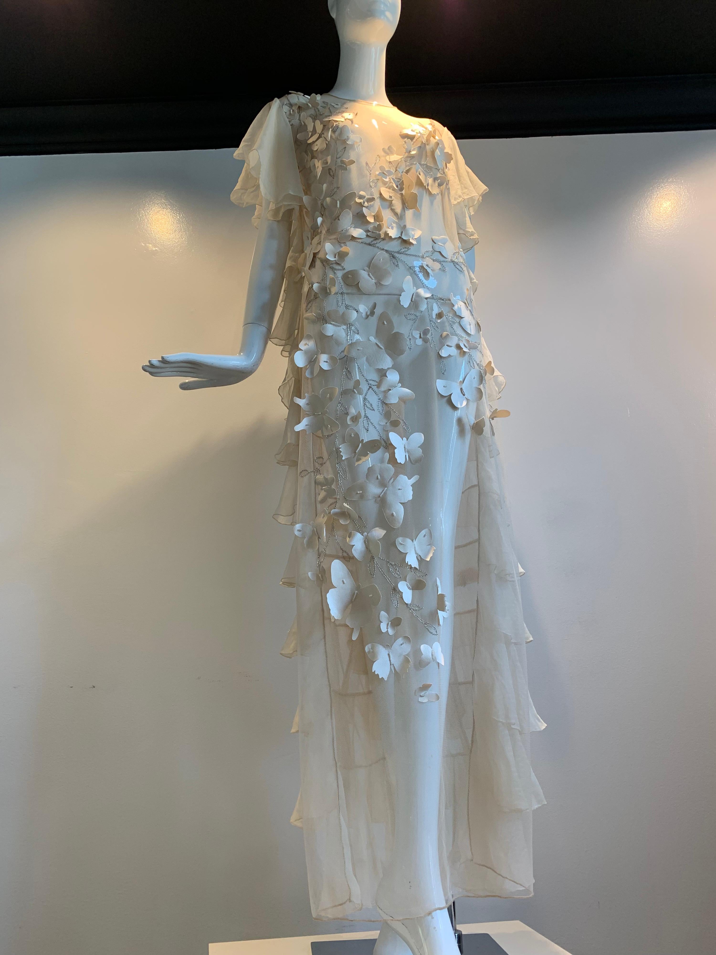 Gray Torso Creations Eggshell Silk Chiffon Ruffled Wedding Gown W/ Silk Butterflies For Sale
