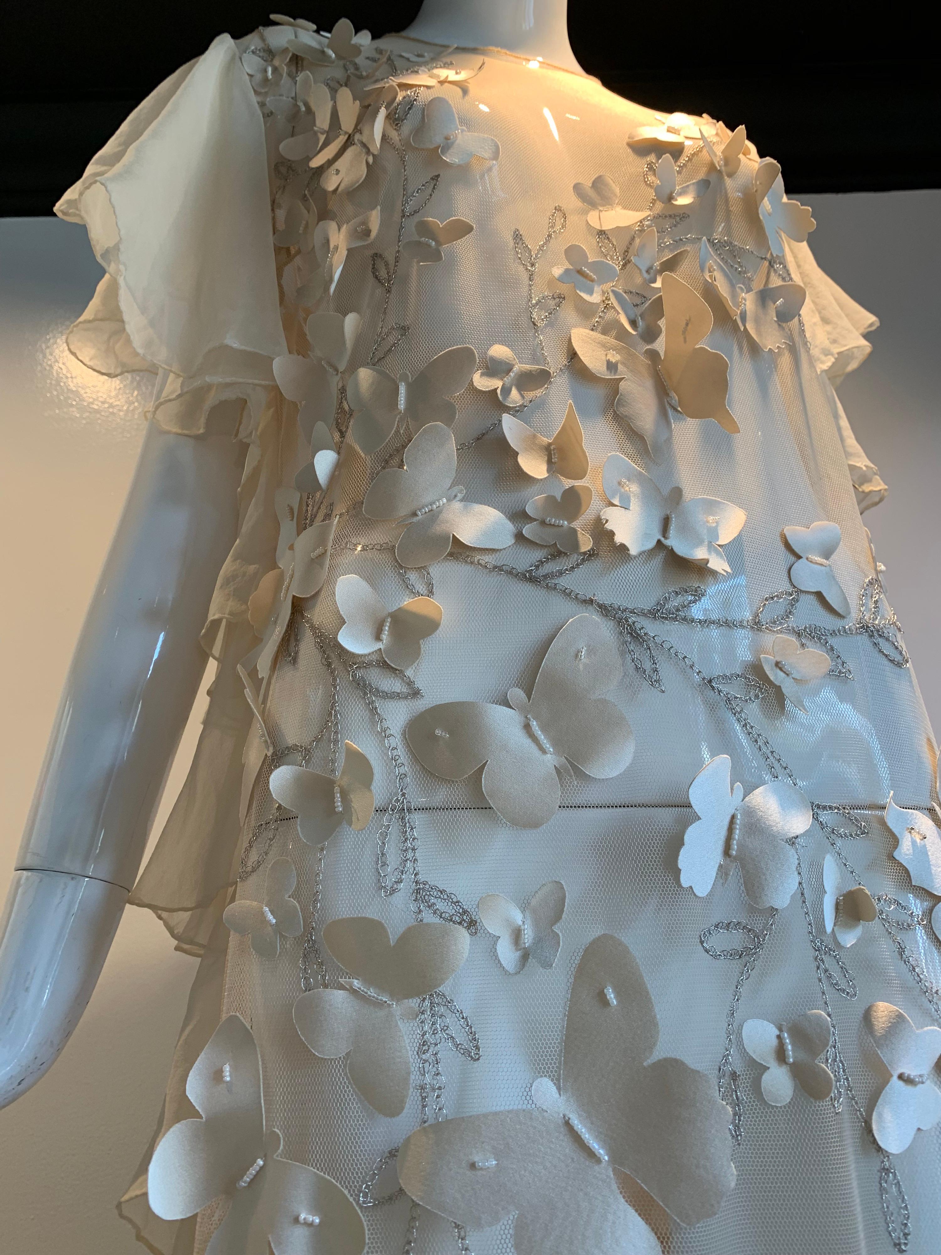 Women's Torso Creations Eggshell Silk Chiffon Ruffled Wedding Gown W/ Silk Butterflies For Sale