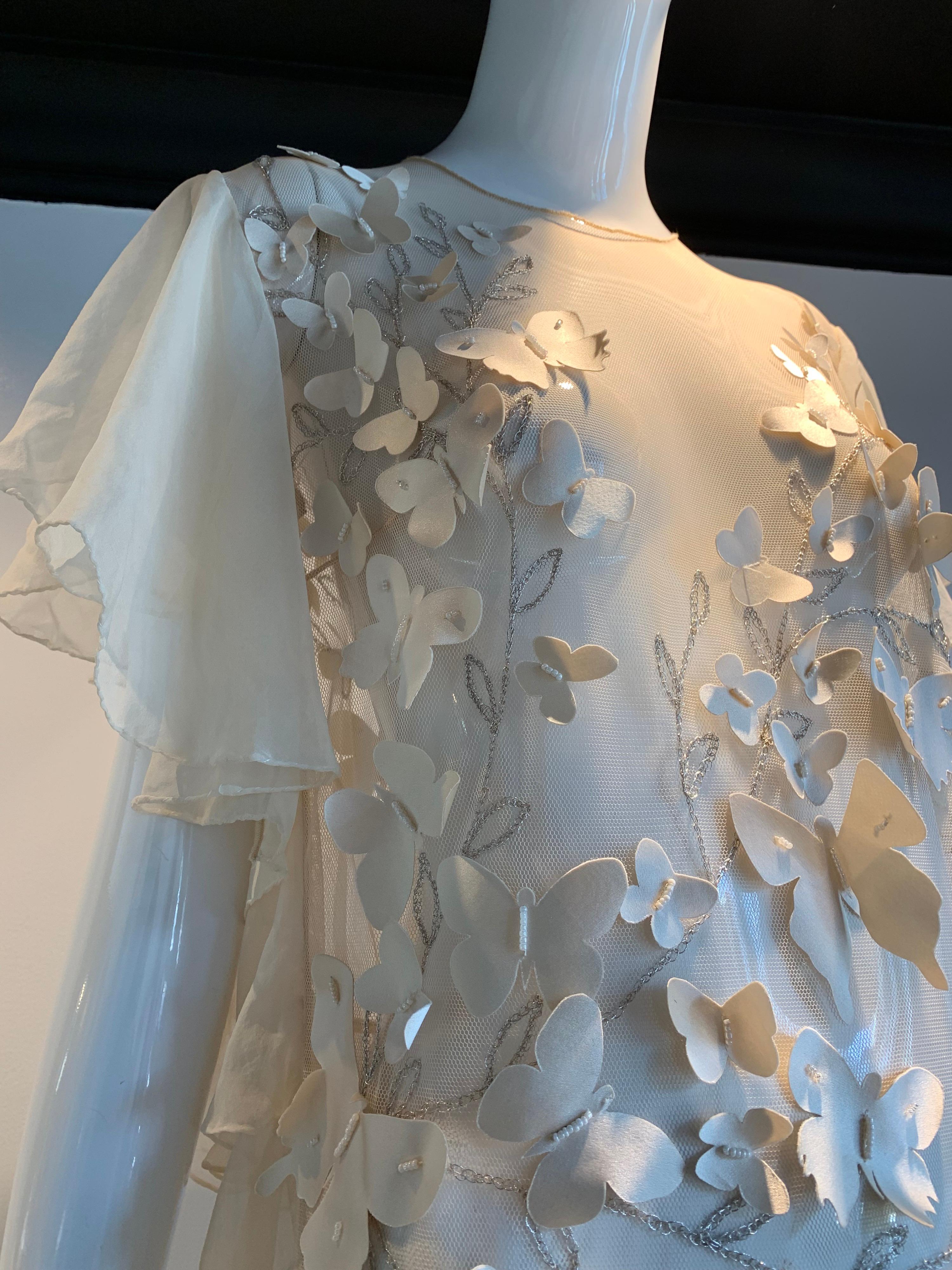 Gray Torso Creations Eggshell Silk Chiffon Ruffled Wedding Gown W/ Silk Butterflies For Sale