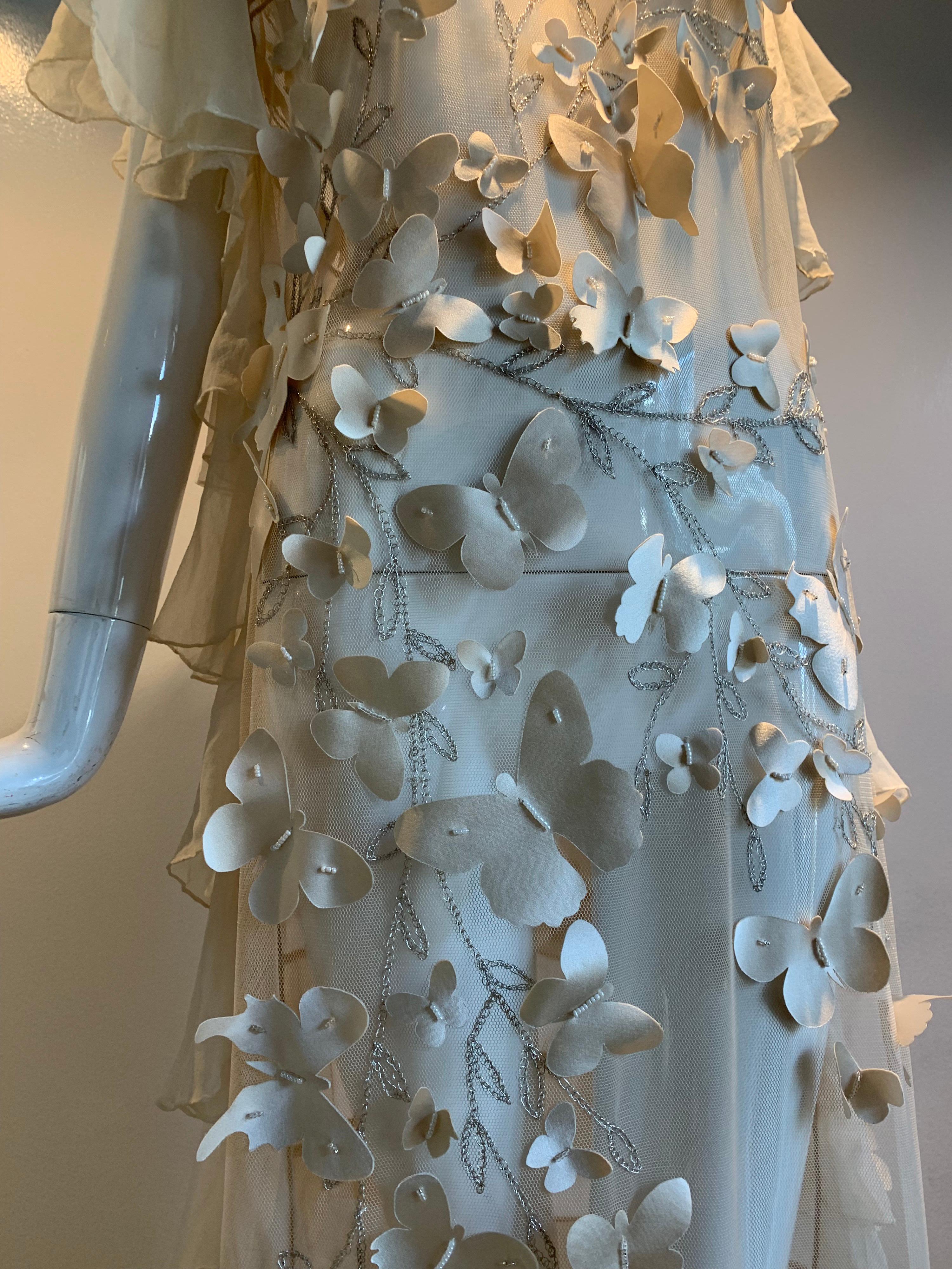 Torso Creations Eggshell Silk Chiffon Ruffled Wedding Gown W/ Silk Butterflies For Sale 2