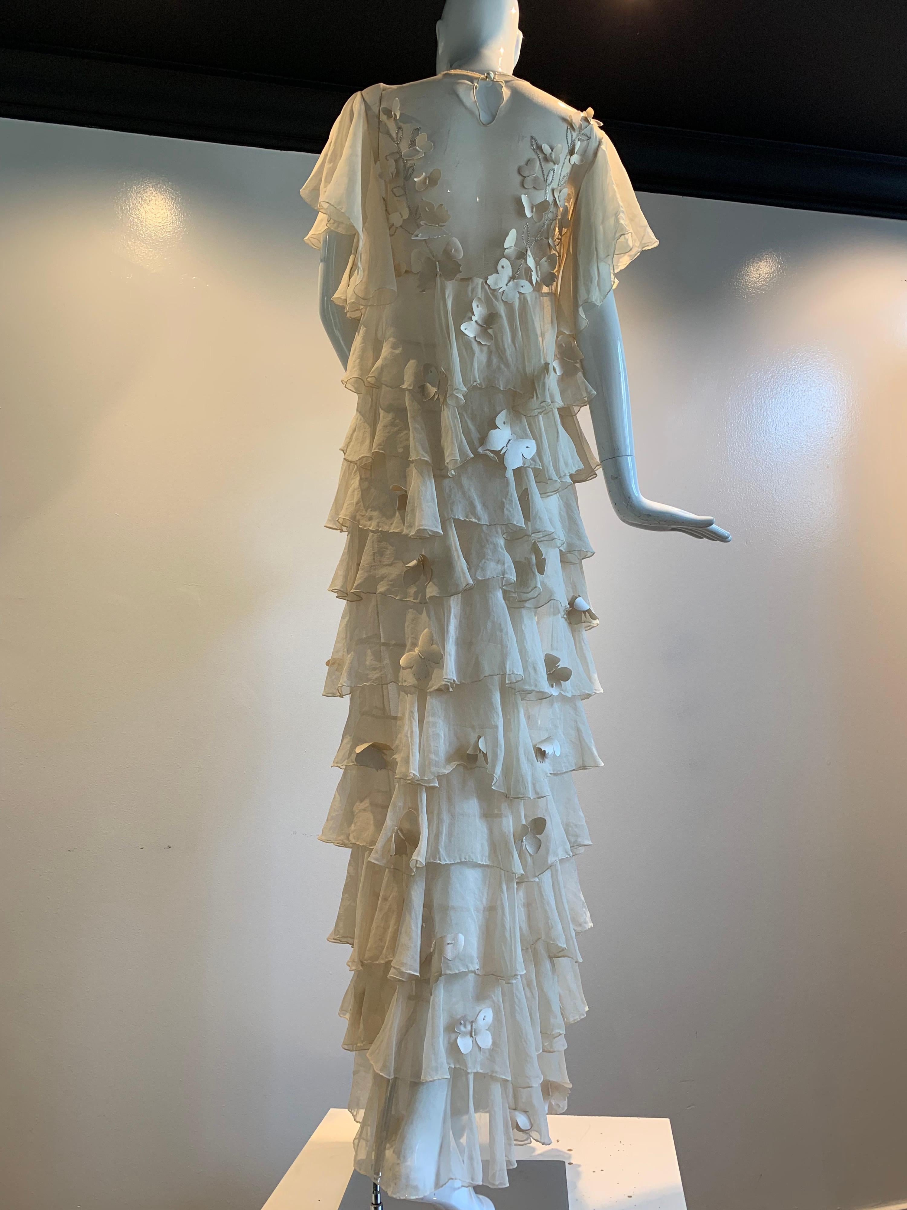 Women's Torso Creations Eggshell Silk Chiffon Ruffled Wedding Gown W/ Silk Butterflies For Sale