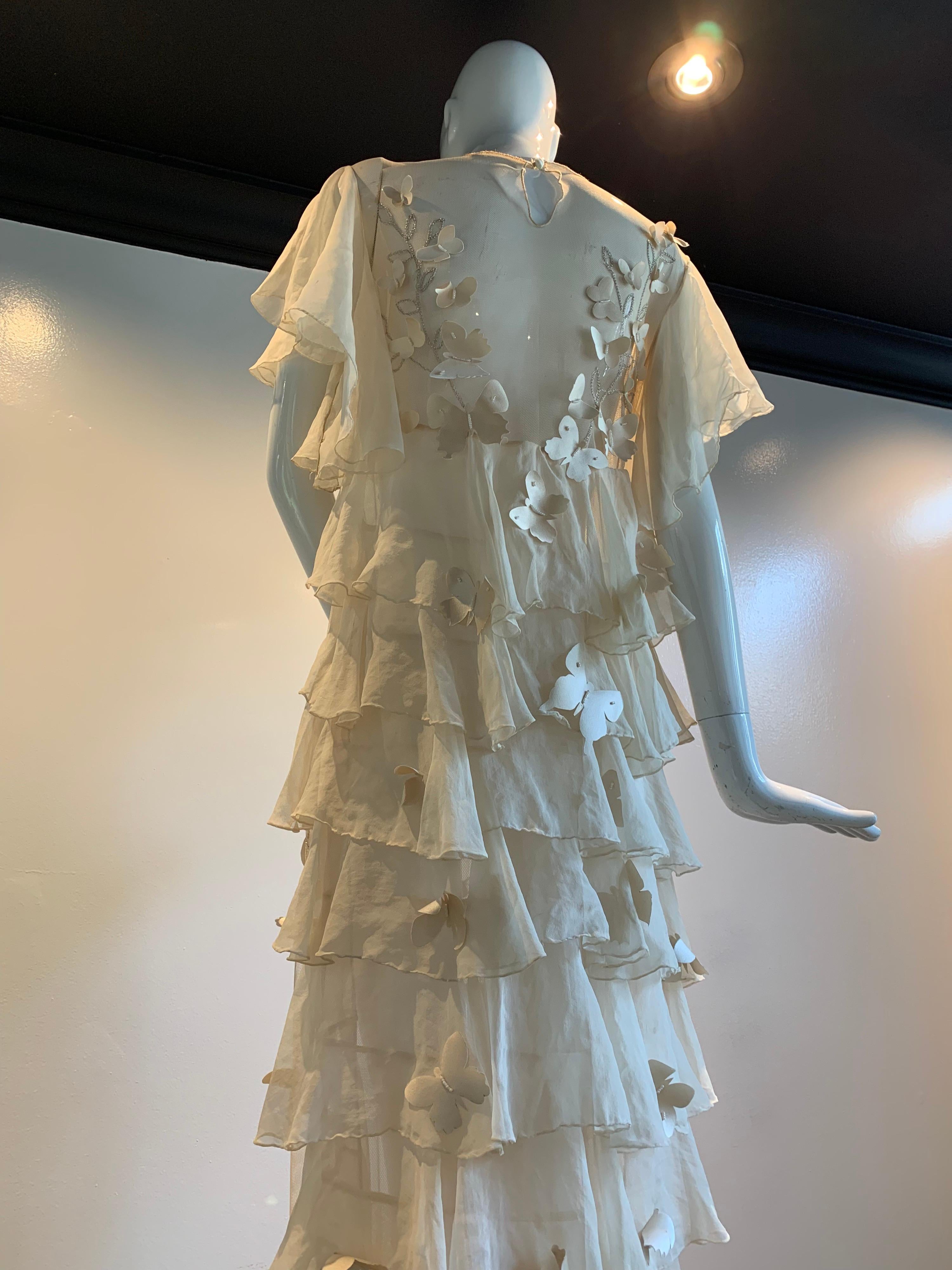 Torso Creations Eggshell Silk Chiffon Ruffled Wedding Gown W/ Silk Butterflies For Sale 4