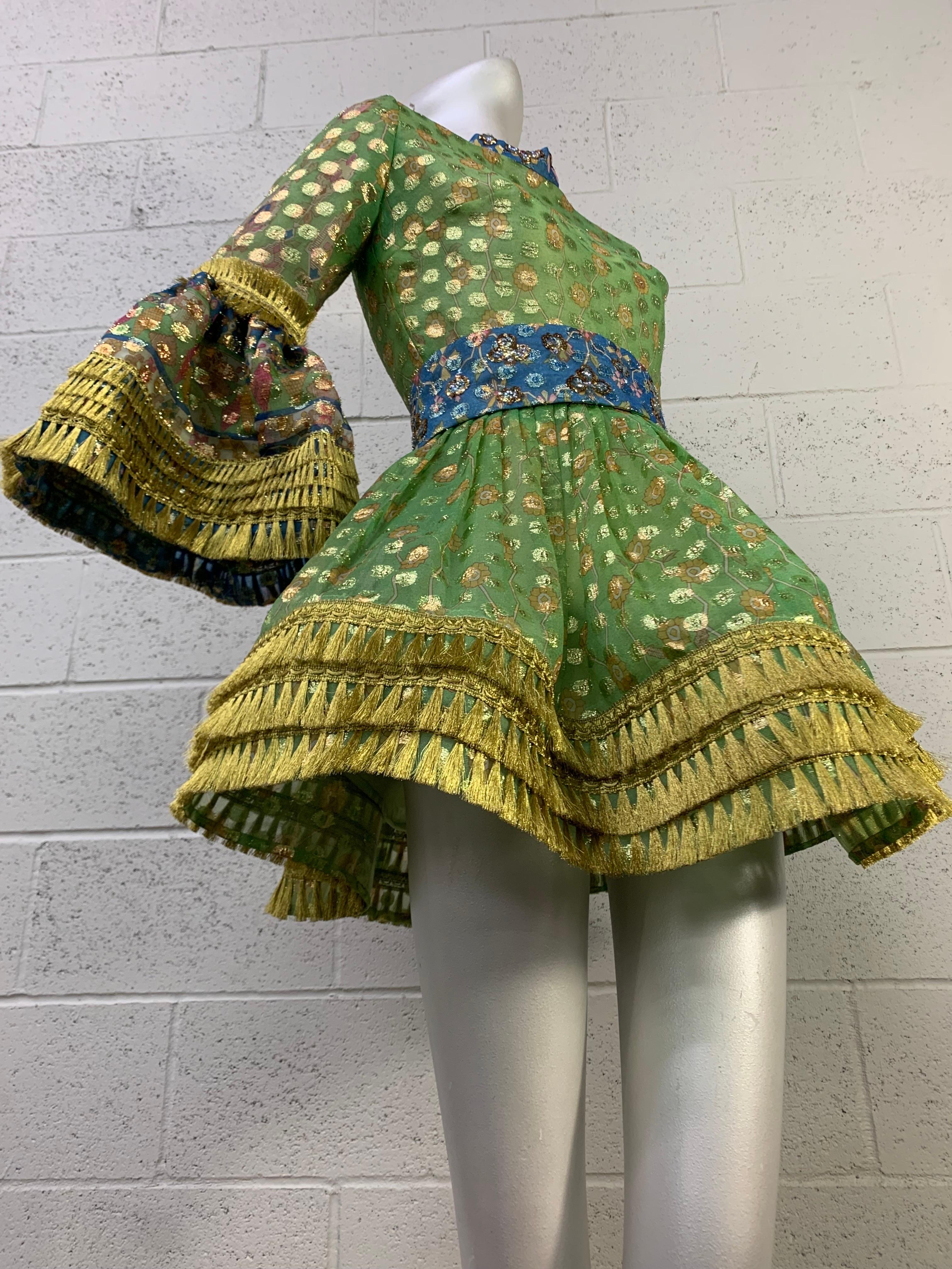 Torso Creations Elizabeth Arden Lame Dot Babydoll Mini Dress w Gold Lame Fringe In Excellent Condition In Gresham, OR