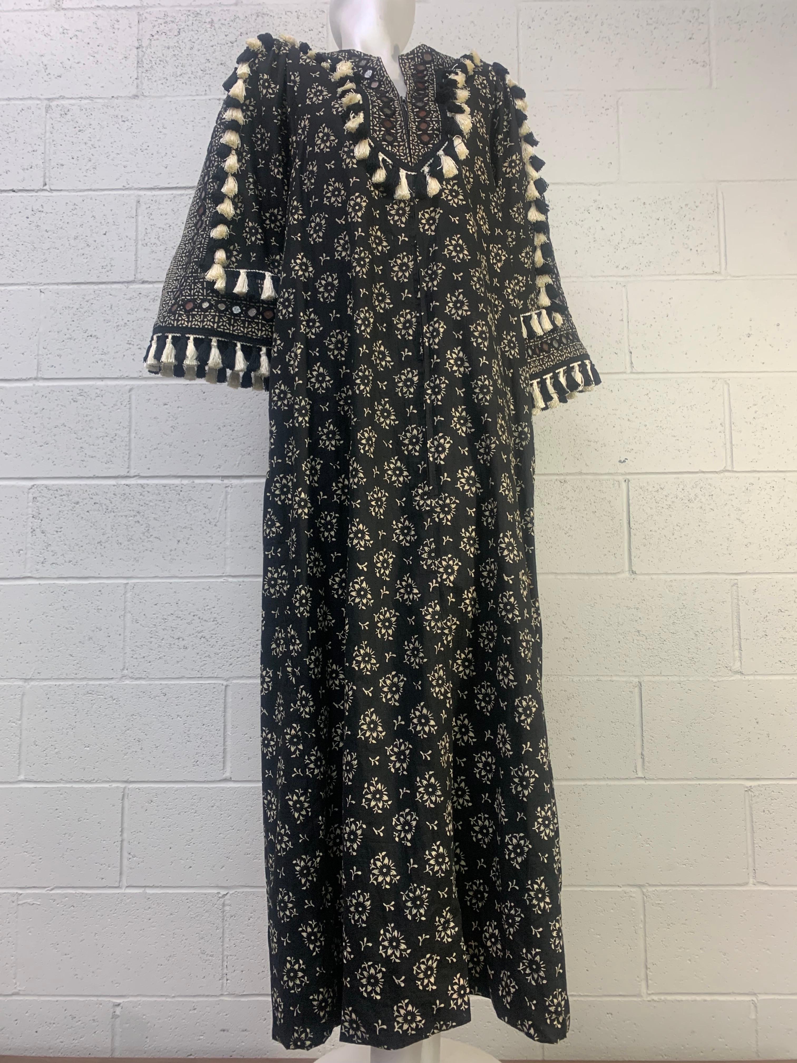 Torso Creations Embellished Ramona Rull B/W Block Print Hostess Gown w Tassels: Complimentary block-printed patterns in black and white make this visually exciting gown sing! Bib front is embellished with mirrors, as are the sleeves. Tassel trim