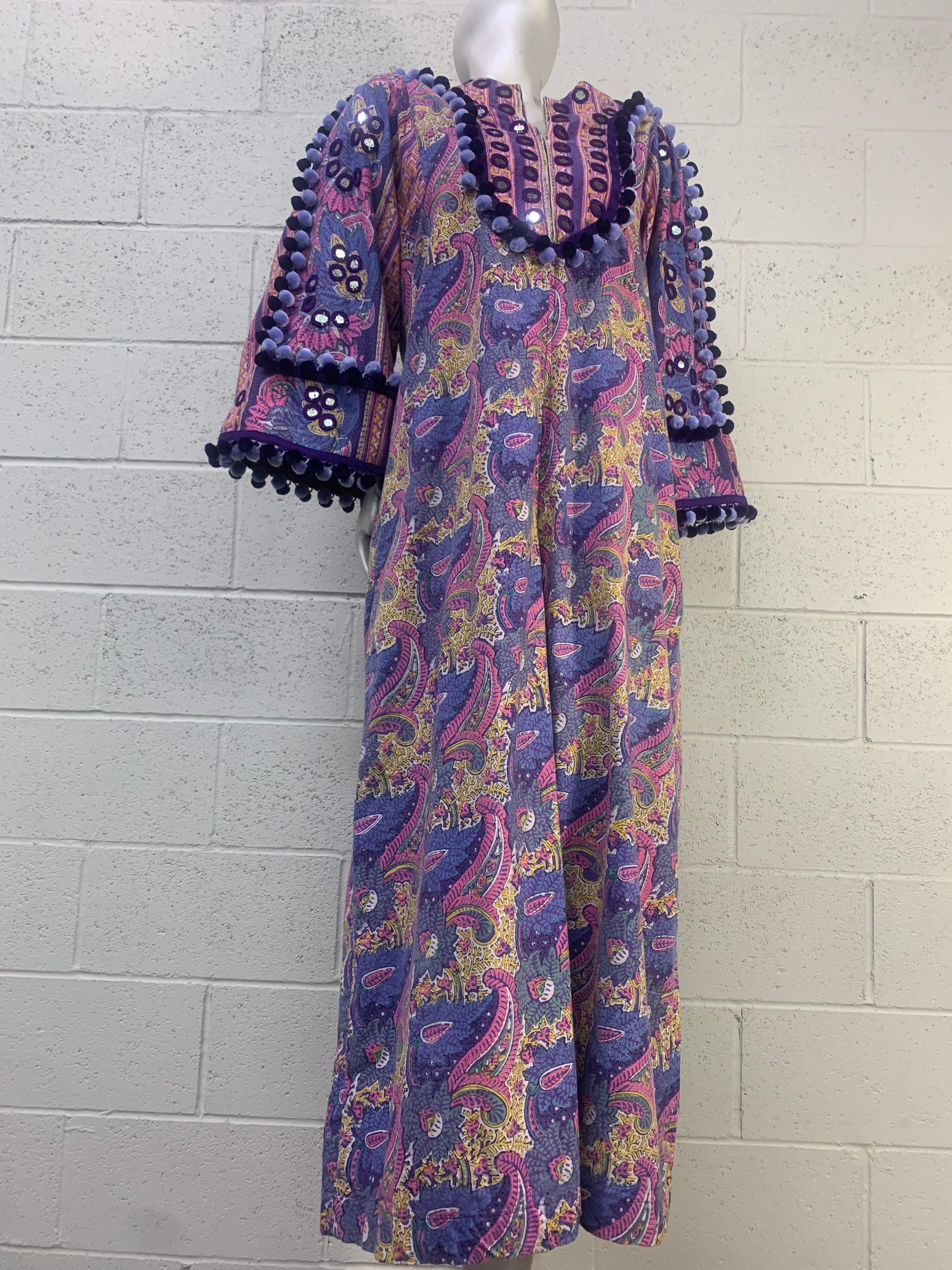 Torso Creations Embellished 1960s Ramona Rull Hostess Gown w Mirrors and Pom Pom Trim: Center mirrored bib front and sleeves are further embellished with purple and lavender pompom trim for added structure and DRAMA! Center zip front and side slit