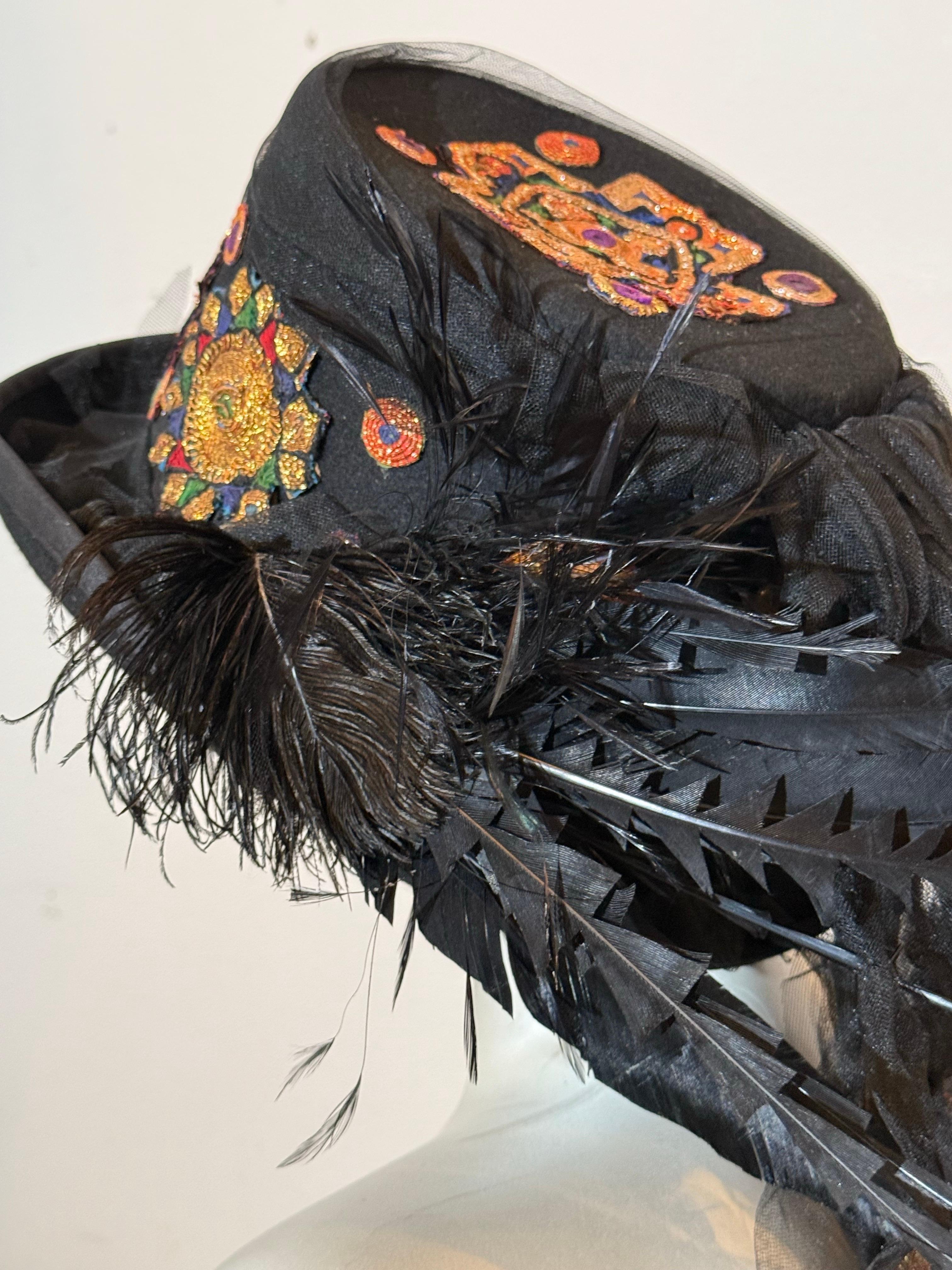 Torso Creations Festival Top Hat w Indian Embroidered Applique & Tulle Streamers For Sale 6