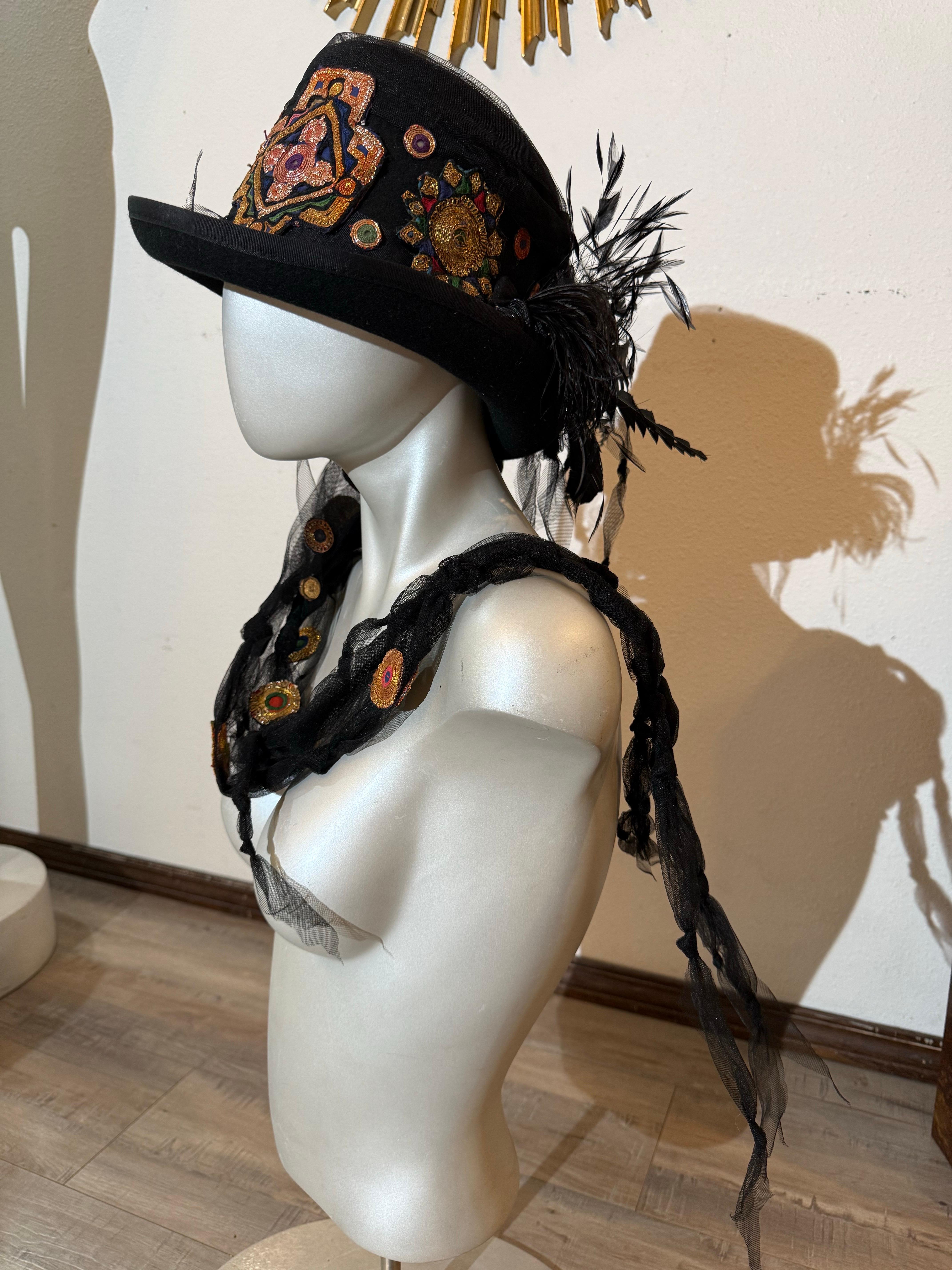 Torso Creations Festival Top Hat w Indian Embroidered Applique & Tulle Streamers For Sale 7