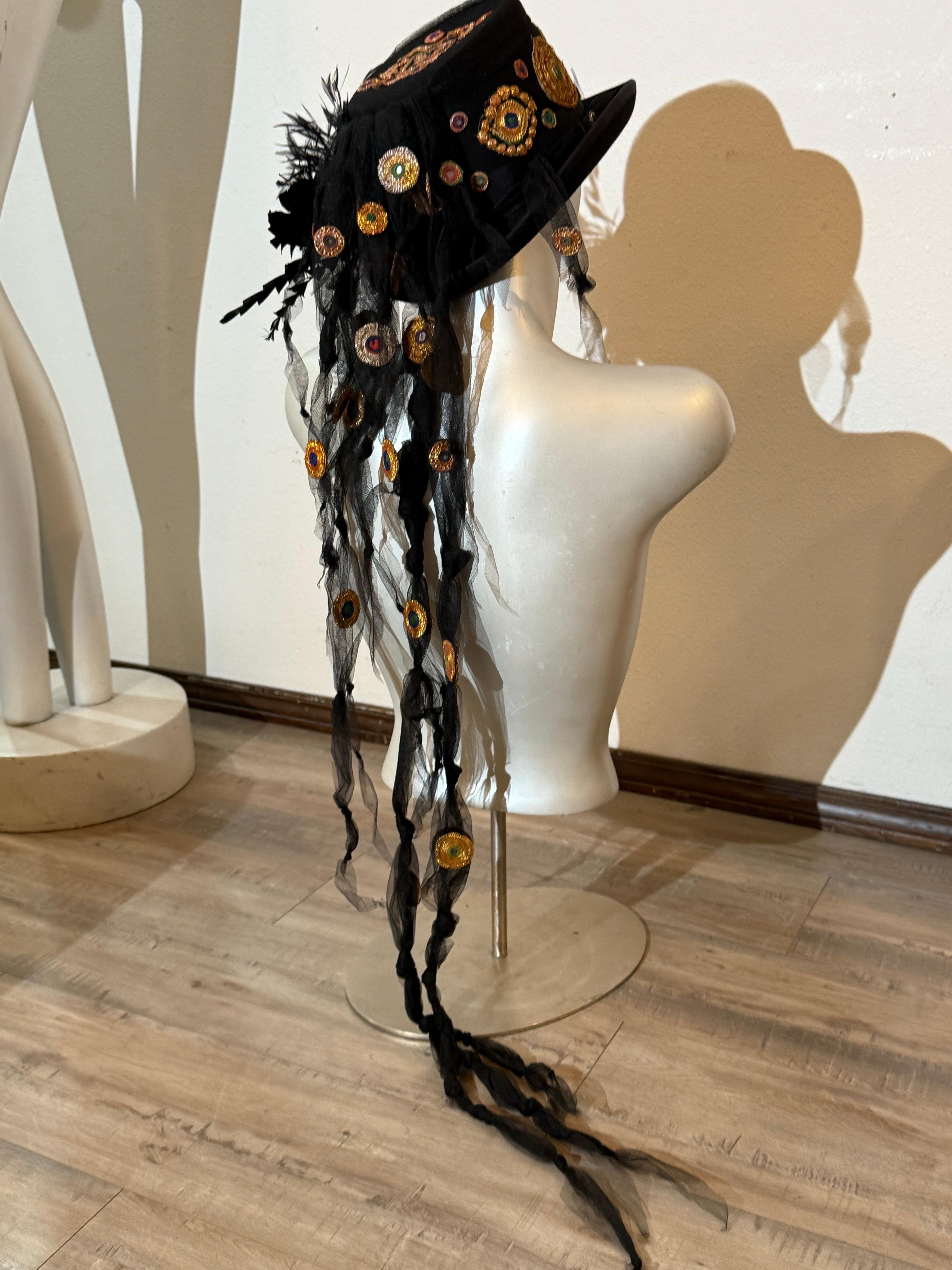 Torso Creations Festival Top Hat w Indian Embroidered Applique & Tulle Streamers For Sale 8