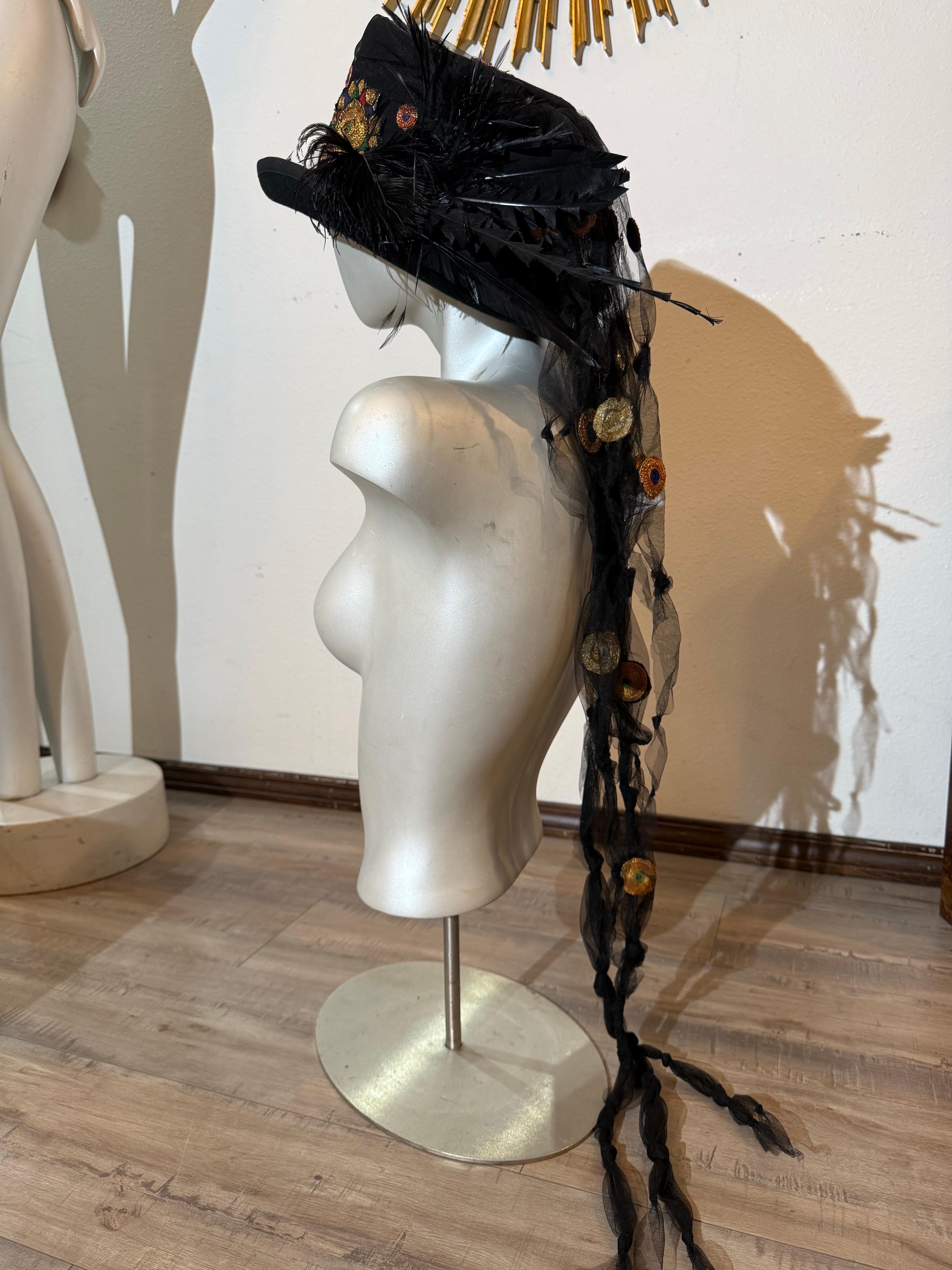 Torso Creations Festival Top Hat w Indian Embroidered Applique & Tulle Streamers For Sale 9
