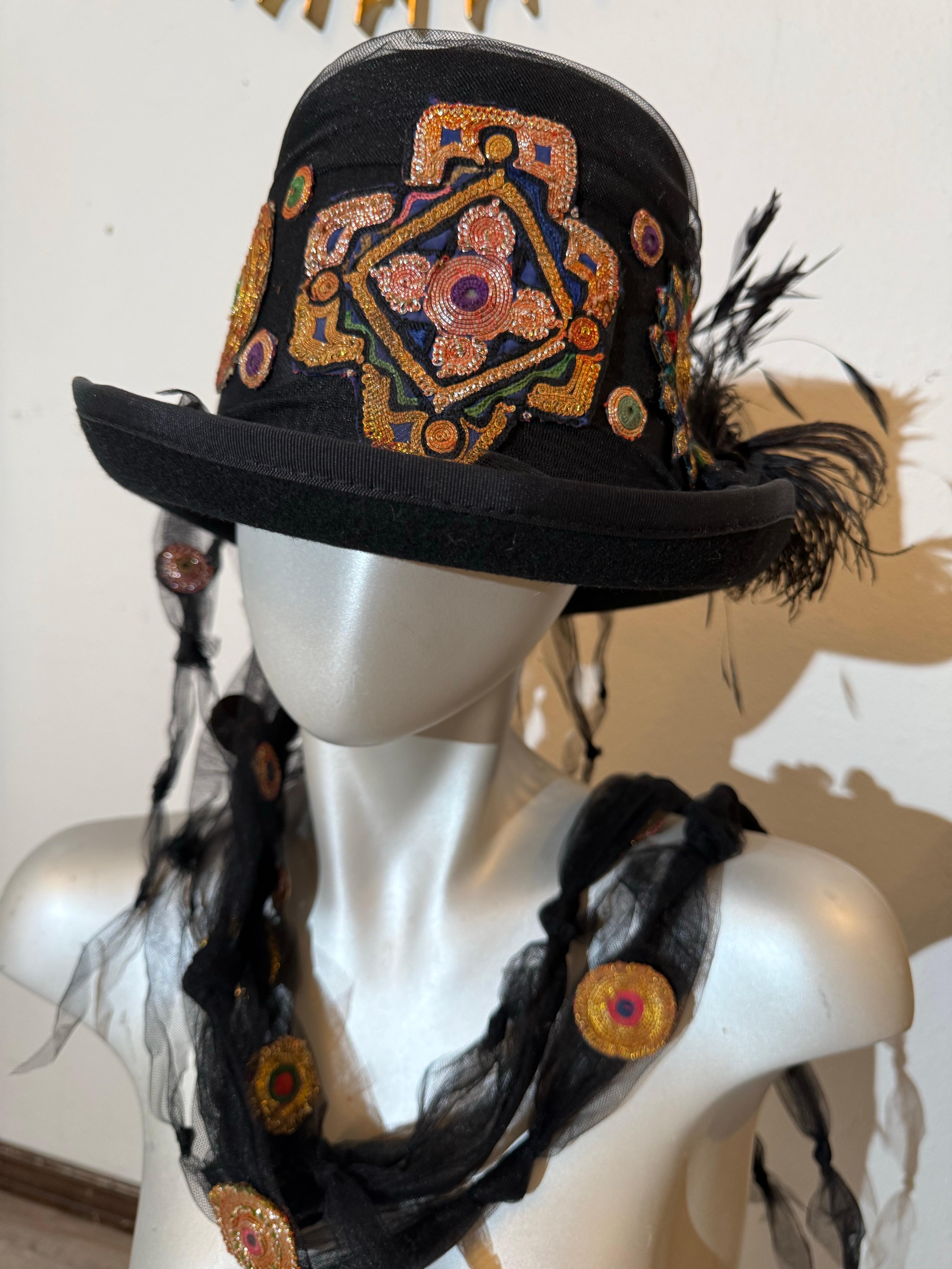 Torso Creations Festival Top Hat w Indian Embroidered Applique & Tulle Streamers For Sale 10
