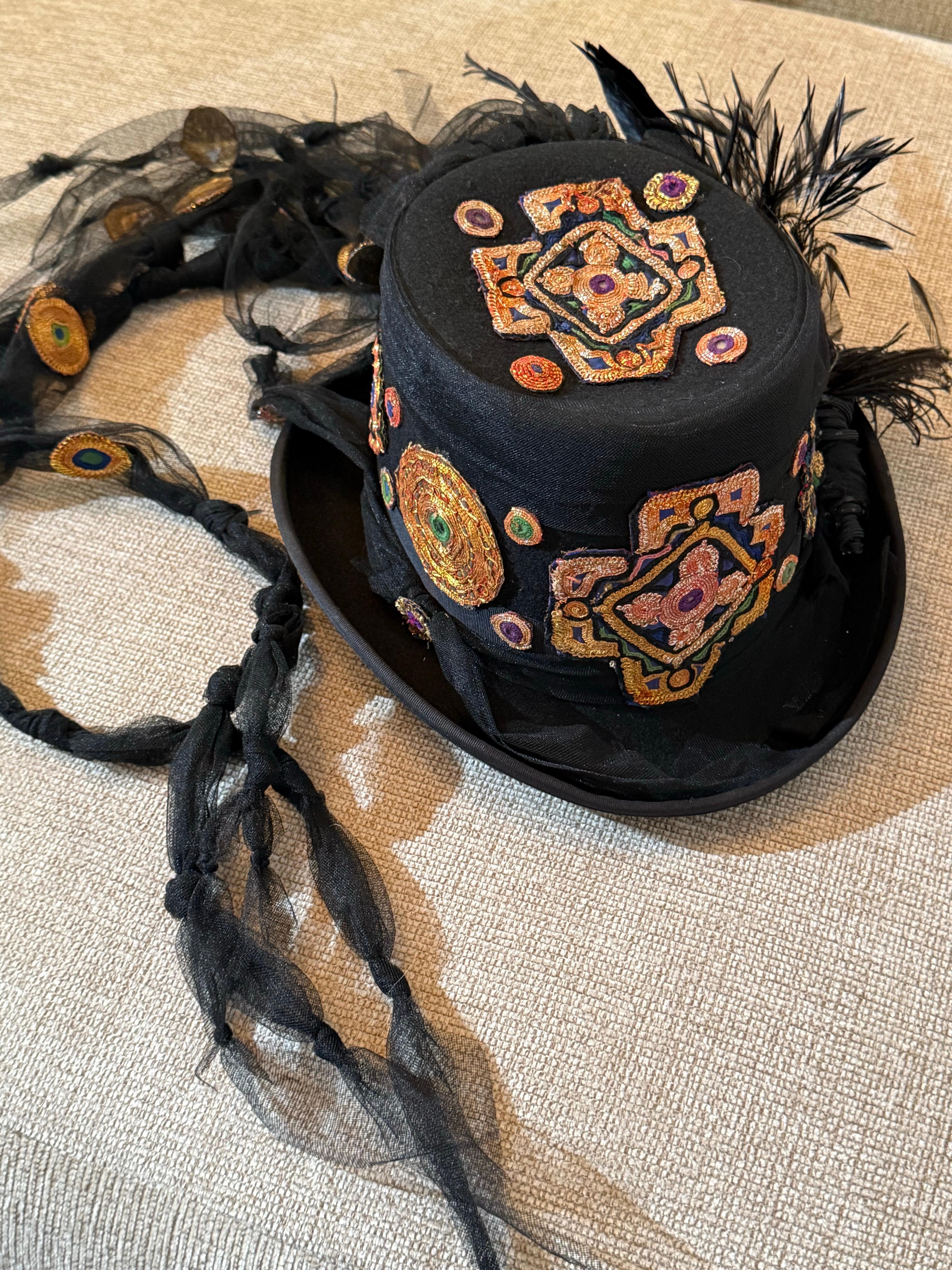 Torso Creations Festival Top Hat w Indian Embroidered Applique & Tulle Streamers For Sale 12